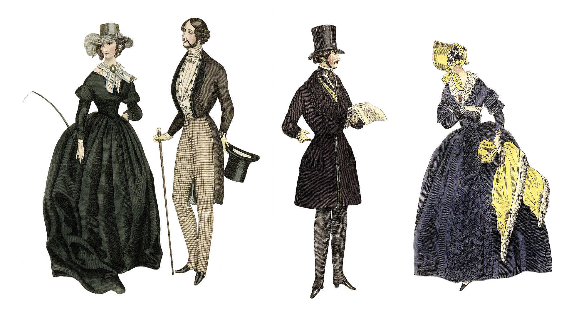 Grafika stylizowana na starą przedstawia dwie pary w strojach z epoki wiktoriańskiej. Od lewej strony widoczna jest kobieta ubrana w długą, czarną, rozkloszowaną u dołu suknię, z bufkami na rękawach oraz bluzkę z żabotem i szarfą spiętą broszką pod szyją. Na głowie ma kapelusz z szerokim rondem, do którego przypięte są pióra. Spod kapelusza wystają loki okalające policzki. W prawej dłoni trzyma bacik. Mężczyzna stojący na prawo od niej ubrany jest w wąskie, kraciaste spodnie zachodzące na obuwie, koszulę ze stójką, wzorzystą kamizelkę i marynarkę o kroju smokingu oraz pantofle w szpic. Ma wąsy, bokobrody i półdługie włosy z lokami w dolnej części. W lewej ręce trzyma czarny cylinder, zaś w prawej długą laskę zakończoną u góry gałką. Na prawo od niego widoczny jest mężczyzna wąskie spodnie zachodzące na obuwie, koszulę ze stójką, czarny płaszcz do kolan, czarny cylinder oraz pantofle w szpic na obcasie. W lewej dłoni trzyma pergamin. Na prawo od niego widoczna jest kobieta ubrana w długą, ciemnoniebieską suknię, rozkloszowaną u dołu, z podwójnymi bufkami na rękawach. Przy dekolcie i rękawach spod sukni wystaje ozdobny kołnierz spięty broszką oraz ozdobne makiety. Kobieta ma na głowie kapelusz‑czepek, związany pod brodą kokardą i ozdobiony kwiatami. W lewej dłoni trzyma żółtą pelerynę obszytą futrem wzdłuż brzegów.