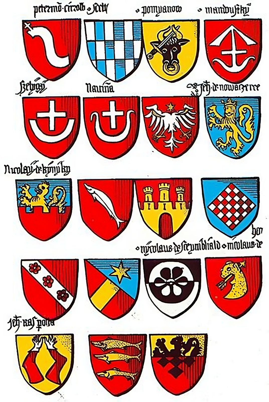 Ilustracja przedstawia jedną z kart tzw. herbarza Złotego Runa, na której ukazane zostały herby rodów rycerstwa polskiego. Na ilustracji dziewiętnaście herbów, wśród nich znajduje się herb Grzymała - drugi od prawej w trzecim rzędzie od dołu. Herb przedstawia złoty mur z otwartą bramą i trzema basztami na czerwonej tarczy.