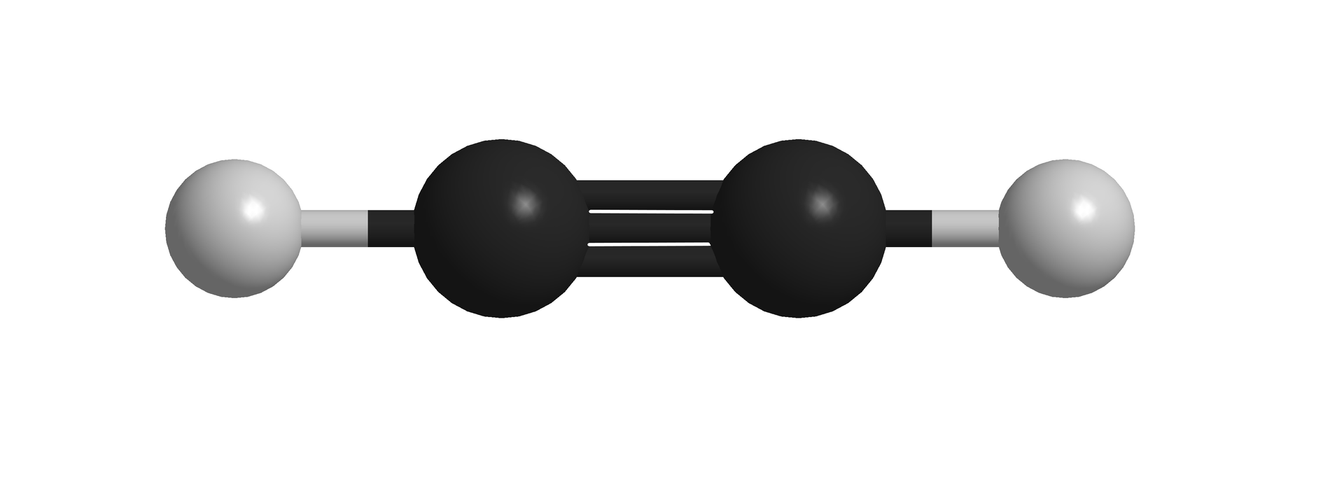 Grafika przedstawia model cząsteczki etynu. Składa się on z czterech kulek położonych w prostej linii względem siebie. Dwie skrajne kulki są szare i symbolizują atomy wodoru. Wewnątrz znajdują się dwie czarne kulki odpowiadające atomom węgla. Szare kulki połączone są pojedynczymi wiązaniami z  czarnymi kulkami. Natomiast między dwiema czarnymi kulkami jest wiązanie potrójne w postaci trzech kresek łączących atomy. 