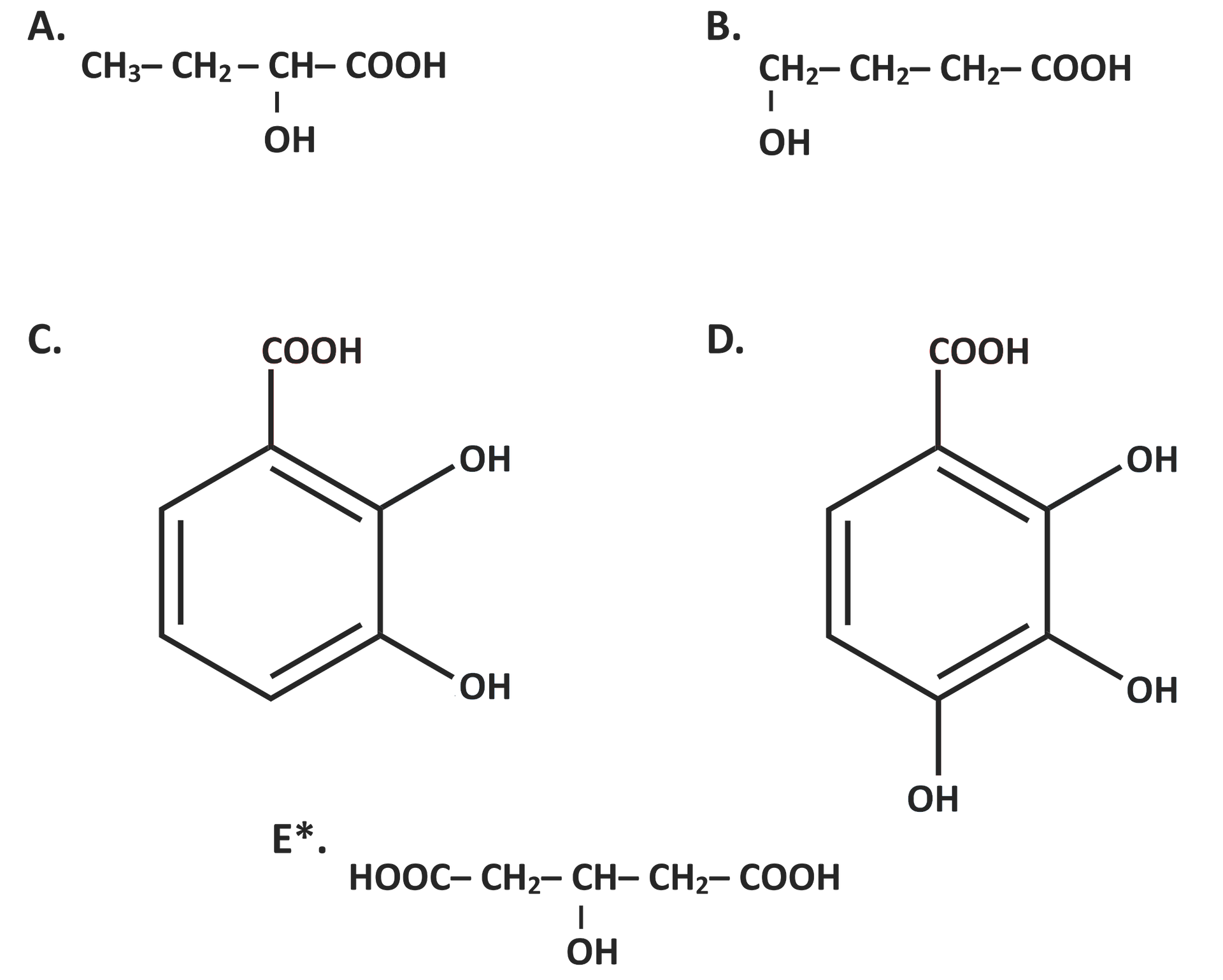 Na ilustracji jest pięć wzorów hydroksykwasów. A. wzór: grupa metylowa łączy się z grupą metylenową. Grupa metylenowa łączy się z grupą CH. Ta na dole łączy się z grupą OH, a po prawej stronie z grupą COOH., B. wzór: trzy połączone ze sobą grupy metylenowe. Grupa metylenowa po lewej stronie wzoru łączy się z grupą OH, a grupa metylenowa po prawej stronie łączy się z grupą COOH., C. wzór: sześcioczłonowy pierścień z trzema wiązaniami podwójnymi łączy się na górze z grupą COOH, u góry po prawej stronie z grupą OH, na dole po prawej stronie z kolejną grupą OH., D. wzór: sześcioczłonowy pierścień z trzema wiązaniami podwójnymi łączy się u góry z grupą COOH, oraz z trzema grupami OH - na dole, u góry po prawej stronie, na dole po prawej stronie.