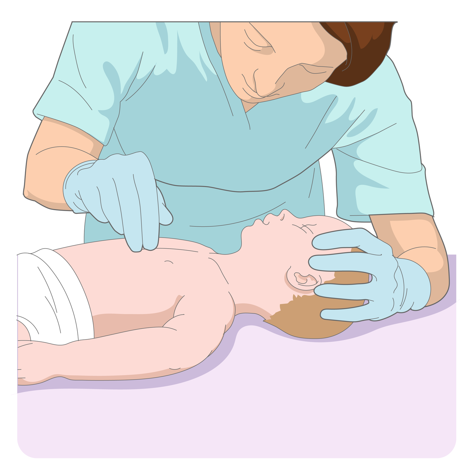 Kliknij żeby powiększyć Uciski klatki piersiowej - ratownik jedną ręką podtrzymuje dziecko za głowę, a palcami wskazującym i środkowym drugiej ręki uciska jego klatkę piersiową tak jak przy resuscytacji - tylko tymi dwoma palcami, nie całą dłonią.