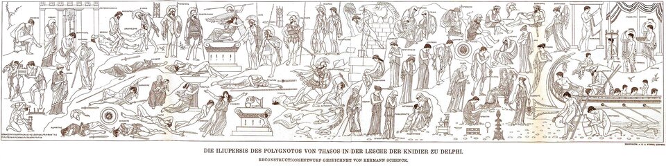 Ilustracja przedstawia szczegółowy rysunek będący rekonstrukcją starożytnego malowidła z ateńskiej Stoi Poikile. Kompozycja ukazuje liczne postacie greckich hoplitów i perskich wojowników rozmieszczonych w kilku grupach, przedstawionych w dynamicznych pozach walki. Widać sceny natarcia, ucieczki oraz starć wręcz. Postacie są ujęte w klasycznym profilu, z wyraźnie zaznaczonymi konturami i uproszczonym modelunkiem. W tle widoczne są okręty, na które próbują dostać się Persowie. Całość ma charakter panoramiczny, z wieloma równocześnie rozgrywającymi się epizodami. Pod rysunkiem znajduje się niemiecki napis informujący, że jest to rekonstrukcja wykonana przez Hermanna Schencka.
