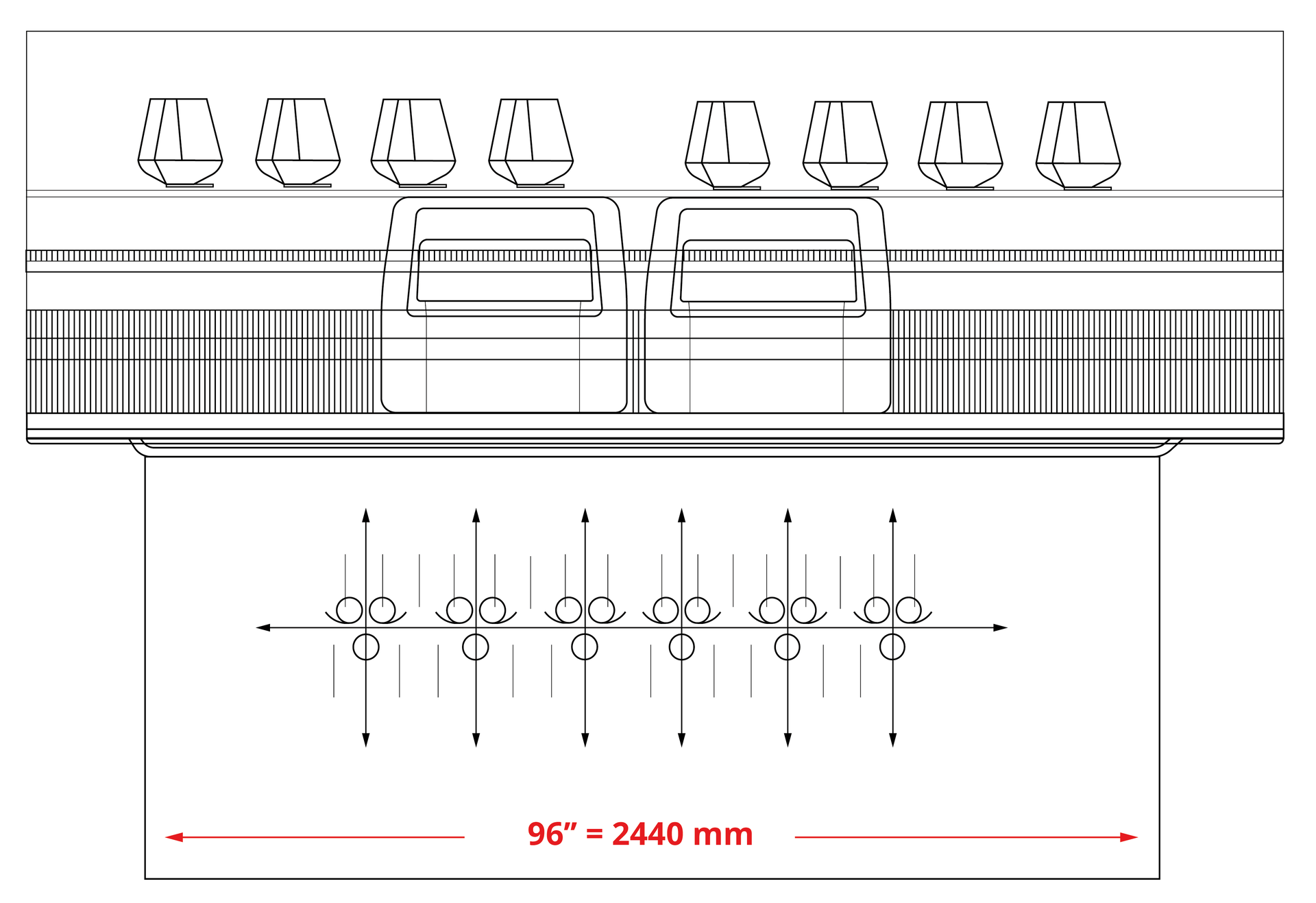 Na grafice widoczne są dwa schematy. Na górze znajduje się schemat ukazujący dwa prostokątne elementy obok siebie, nad nimi widnieje osiem elementów przypominających walec. Dolny schemat ukazuje poziomą strzałkę, przeciętą przez sześć pionowych strzałek, a w miejscach przecięcia znajdują się po trzy okręgi. W ten sposób symbolicznie przedstawiona jest szerokość i długość dzianiny oraz ułożenie głowic. 