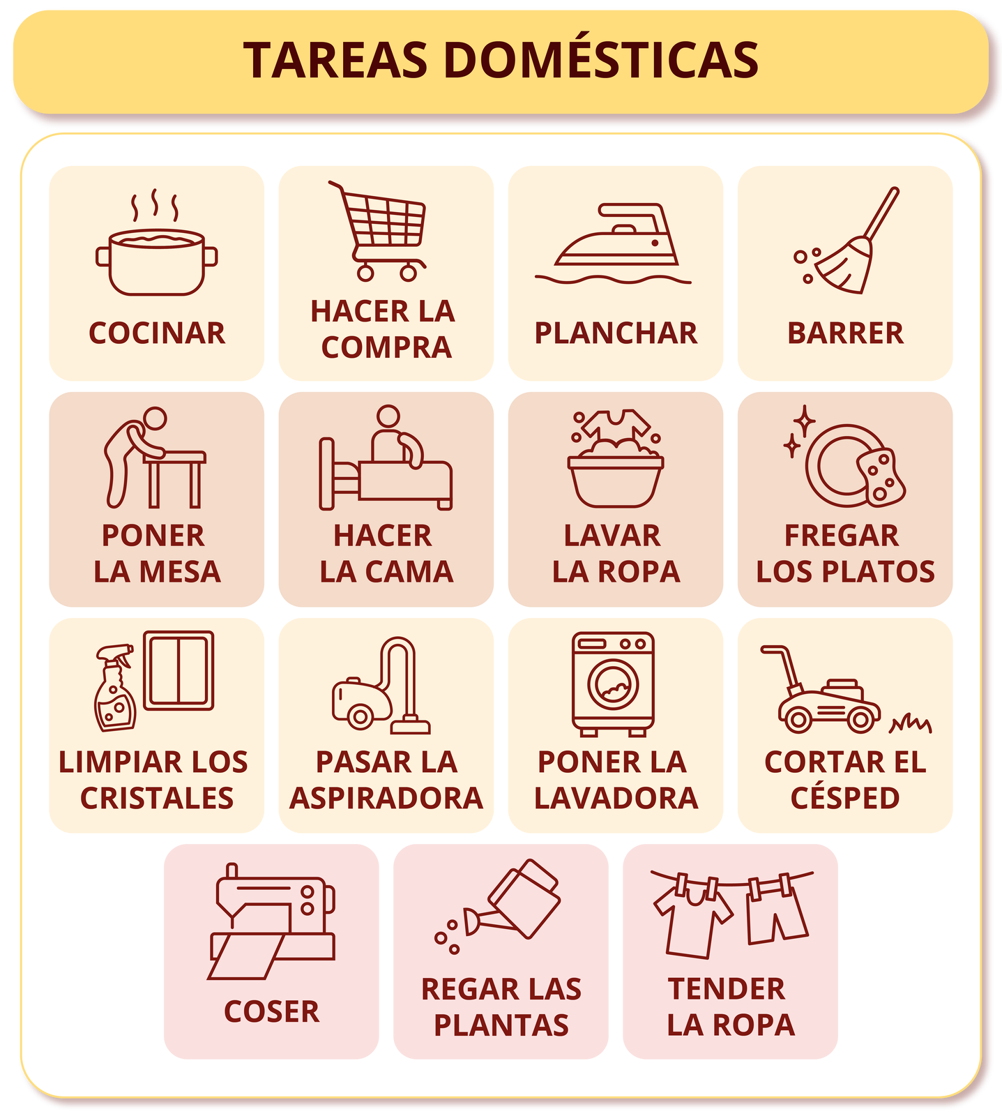 Nagłówek: TAREAS DOMÉSTICAS. Poniżej piktogramy z podpisami. Cocinar - gotować, hacer la compra - robić zakupy, planchar - prasować, poner la mesa - nakrywać stół, hacer la cama - ścielić łóżko, lavar la ropa - prać ubranie, fregar los platos - zmywać naczynia, limpiar los cristales - myć szyby, barrer - zamiatać, pasar la aspiradora - odkurzać, poner la lavadora - nastawiać pralkę, cortar el césped - kosić trawę, coser - szyć, regar las plantas - podlewać rośliny, tender la ropa - rozwieszać ubrania. 