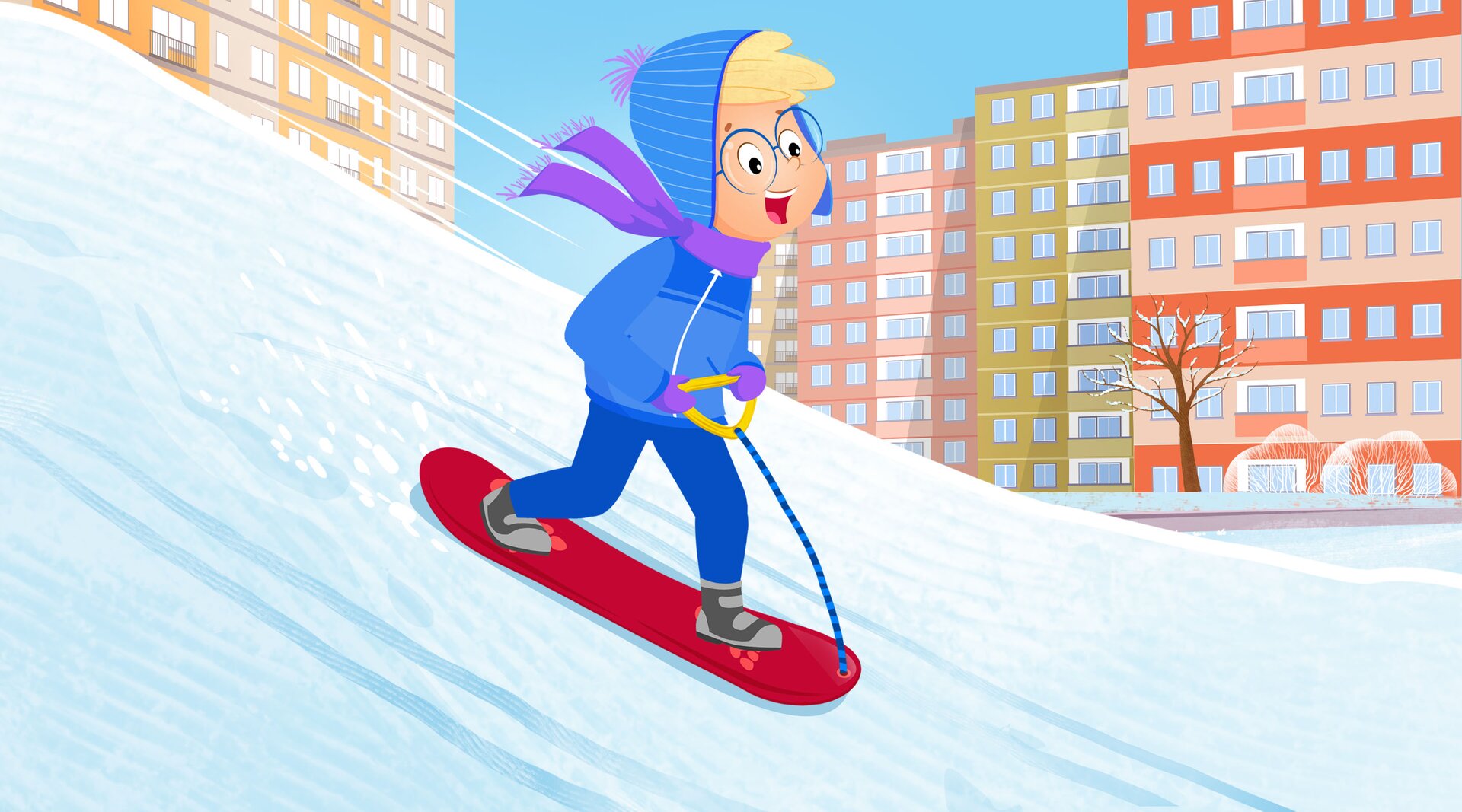 Na ilustracji znajduje się chłopiec jeżdżący na snowboardzie.