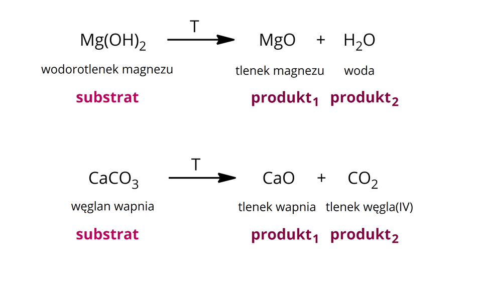 Na górze ilustracji przedstawiono następujący schemat: M g nawias O H zamknięcie nawiasu indeks dolny, dwa, koniec indeksu dolnego, T powyżej strzałka w prawo M g O, plus, H indeks dolny, dwa, koniec indeksu dolnego, O. Pod schematem, od każdego z reagentów poprowadzono pionową kreskę w dół do jego słownego opisu, są to kolejno: wodorotlenek magnezu, tlenek magnezu i woda. Poniżej umieszczono pionowe kreski prowadzące do reagentów kolejnego schematu: C a C O indeks dolny, trzy, koniec indeksu dolnego, T powyżej, strzałka w prawo, C a O, plus, C O indeks dolny, dwa, koniec indeksu dolnego. Pod schematem, od każdego z reagentów poprowadzono pionową kreskę w dół do jego słownego opisu, są to kolejno: węglan wapnia, tlenek wapnia i tlenek węgla(IV). Od tych reagentów poprowadzono trzy pionowe strzałki do słów, kolejno od lewej: substrat, produkt 1 i produkt 2.