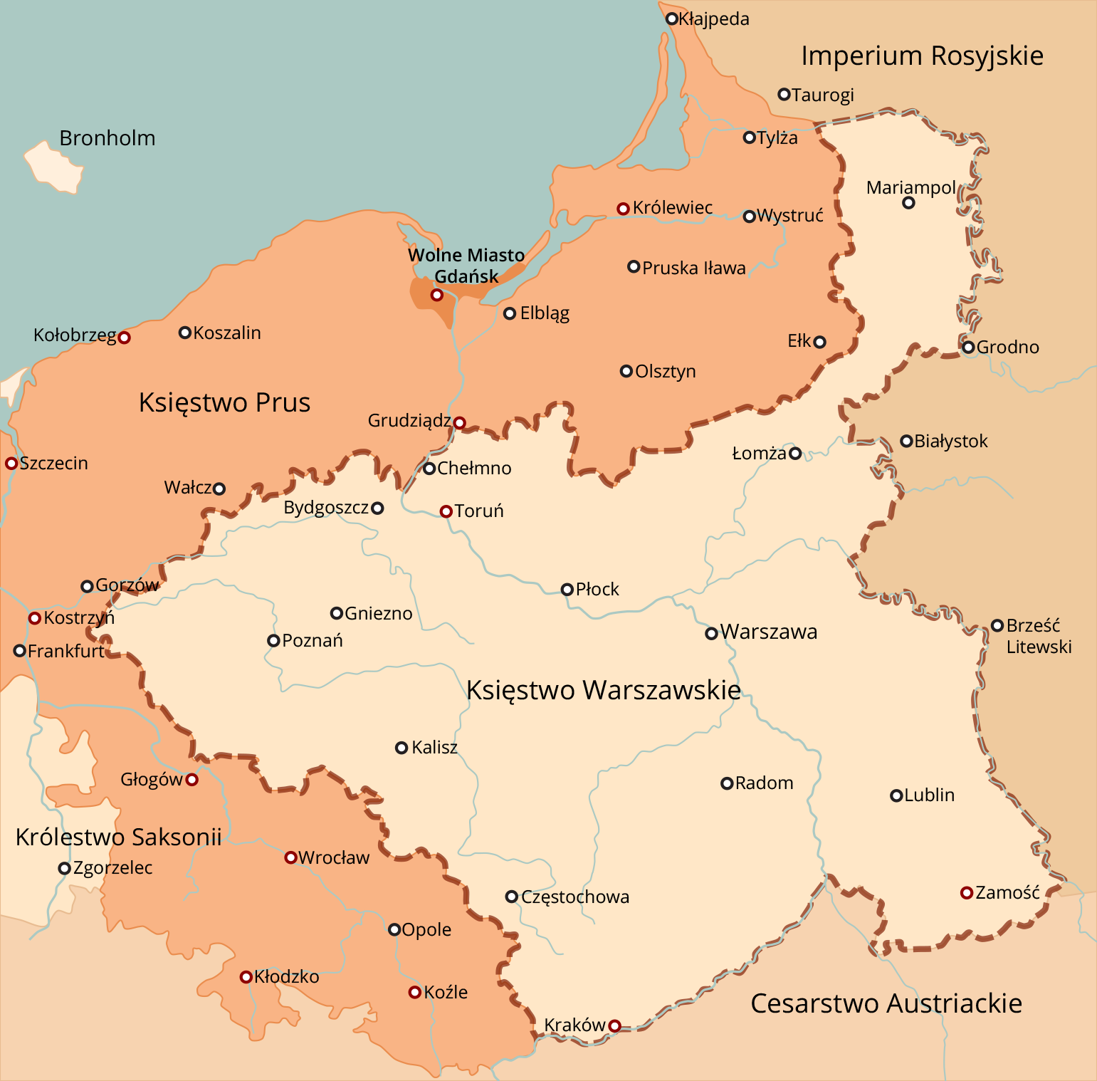 Mapa przedstawia Księstwo Warszawskie. Kontroluje ono obszar Wielkopolski, Mazowsza, Suwalszczyzny, Lubelszczyzny i północnej Małopolski. Graniczy ono z Księstwem Prus, Cesarstwem Austriackim i Imperium Rosyjskim. Na mapie zaznaczono również Wolne Miasto Gdańsk.