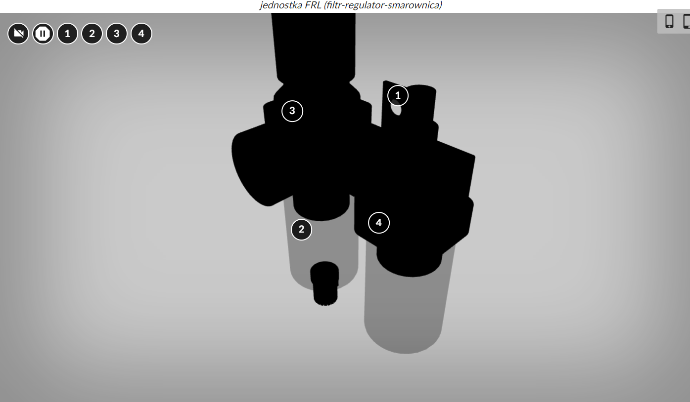 Przykładowy wygląd wizualizacji 3D. Wizualizacja przedstawia urządzenie składające się z symetrycznych elementów dwóch kanciastych brył, tworzących korpus, połączonych poprzecznym elementem. U dołu brył przymocowane są podłużne przezroczyste filtry. Bryła po lewej stronie do swojej górnej części przymocowany ma sporych rozmiarów tłok. Zakończenie filtra, połączonego z bryłą po prawej stronie, zwieńczone jest nakrętką. Na modelu widnieją cztery punktory, po kliknięciu w które pojawia się panel boczny z tekstem. Na górze prócz numerów od 1 do 4, tożsamych z tymi na planszy, widoczne są dwie ikony – od lewej: Okrągły przycisk z przekreślonym znakiem kamery: zresetuj kamerę, obok okrągły przycisk ze znaczkiem plej: Zatrzymaj kamerę.