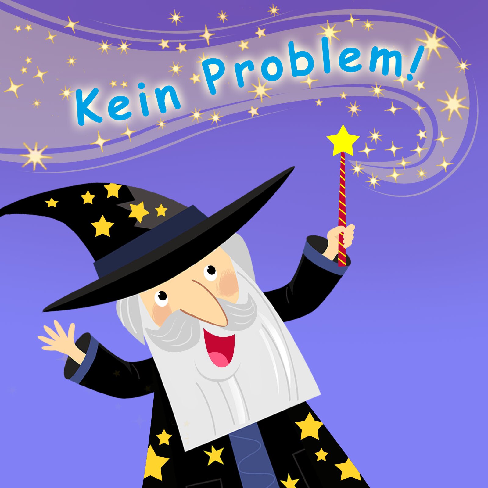 Ilustracja ukazuje czarownika trzymającego różdżkę, który właśnie wyczarowuje wyraz:   Kein Problem! 