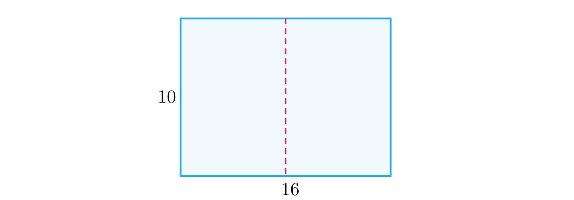 Ilustracja przedstawia prostokąt o bokach 10 i szesnaście. Przez połowę dłuższego boku przebiega przerywana linia. 
