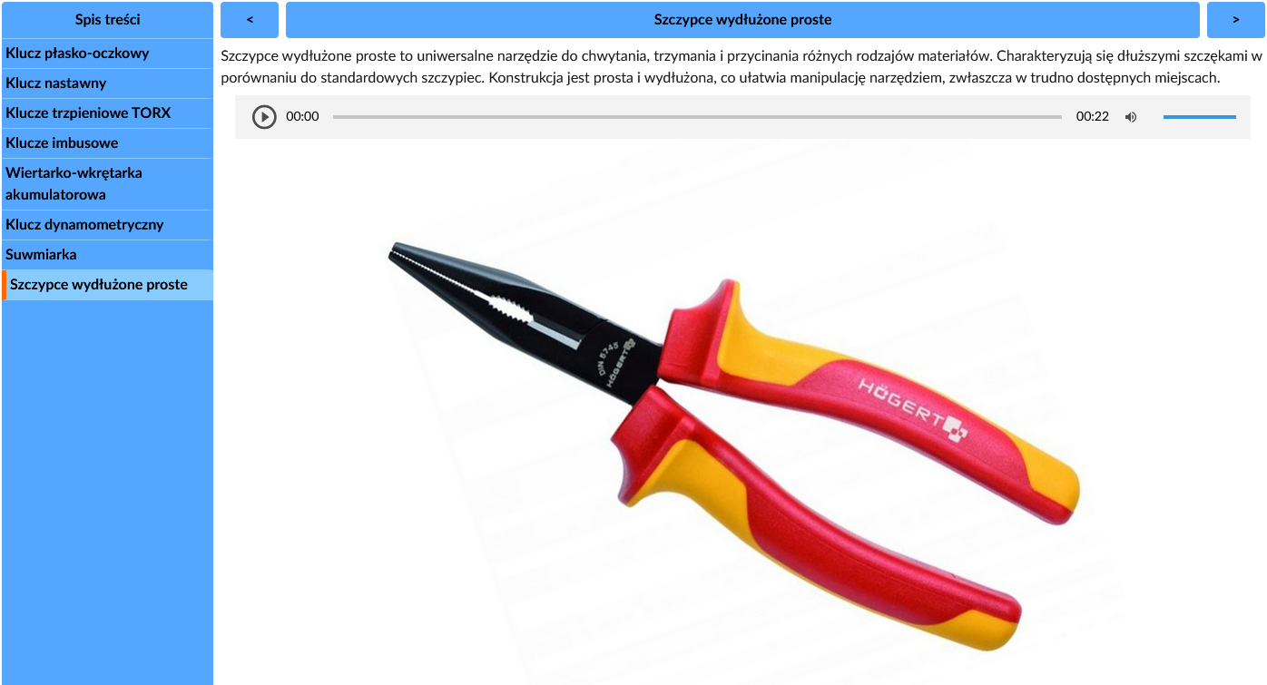 Grafika przedstawia przykładowy widok na jedną z części atlasu interaktywnego. Po lewej stronie znajduje się spis treści. W punkcie centralnym znajduje się plansza zawierająca treść, pasek odtwarzania oraz ilustrację.