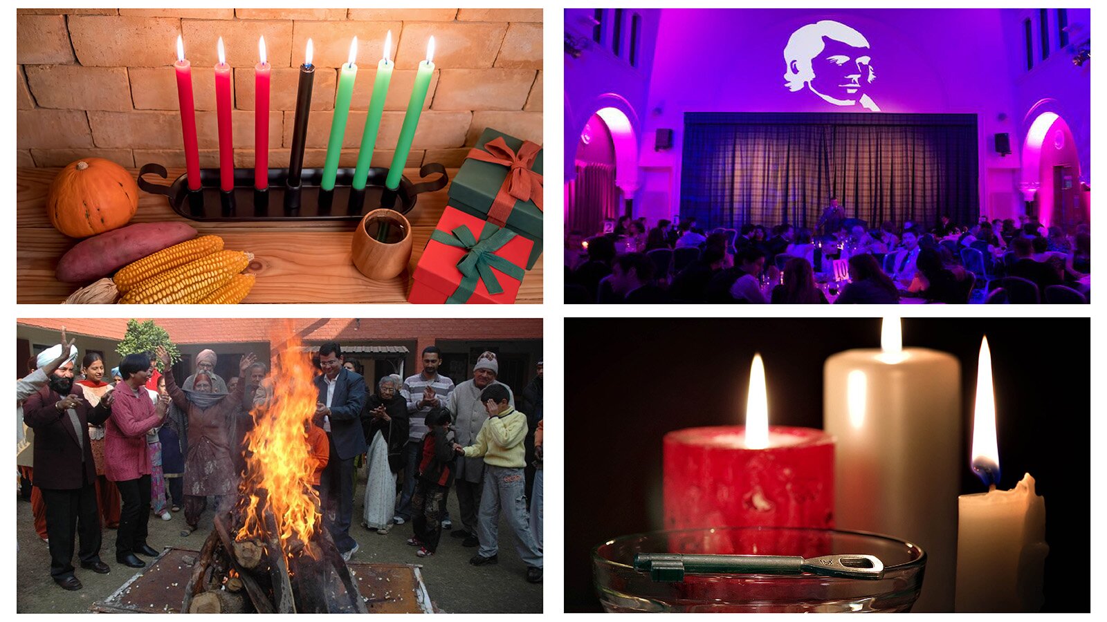 Ilustracja składa się z czterech odrębnych fotografii. Pierwsza od góry, z lewej strony, przedstawia siedem cienkich zapalonych świec ustawionych w płaskim świeczniku. Od lewej widoczne są trzy świece czerwone, jedna czarna i trzy zielone. Na prawo od świecznika widoczne są dwa pudełka prezentowe w kolorze czerwonym i zielonym przewiązane kokardą. Na lewo od świecznika widoczne są kolby kukurydzy, dynia i batat. Na drugim zdjęciu widoczne jest duże ognisko z wysokim płomieniem, wokół którego stoją członkowie hinduskiej społeczności. Kolejna fotografia, pierwsza z prawej strony, przedstawia salę wypełnioną siedzącymi ludźmi oraz sceną z zasłoniętą kotarą. Na scenie stoi człowiek. Sala oraz scena oświetlone są fioletowo‑różowym światłem. Ostatnie zdjęcie przedstawia szklaną miseczkę z wodą, na brzegu której widoczny jest stary klucz z dziurką. Za miseczką trzy grube zapalone świece, jedna czerwona i dwie kremowe.