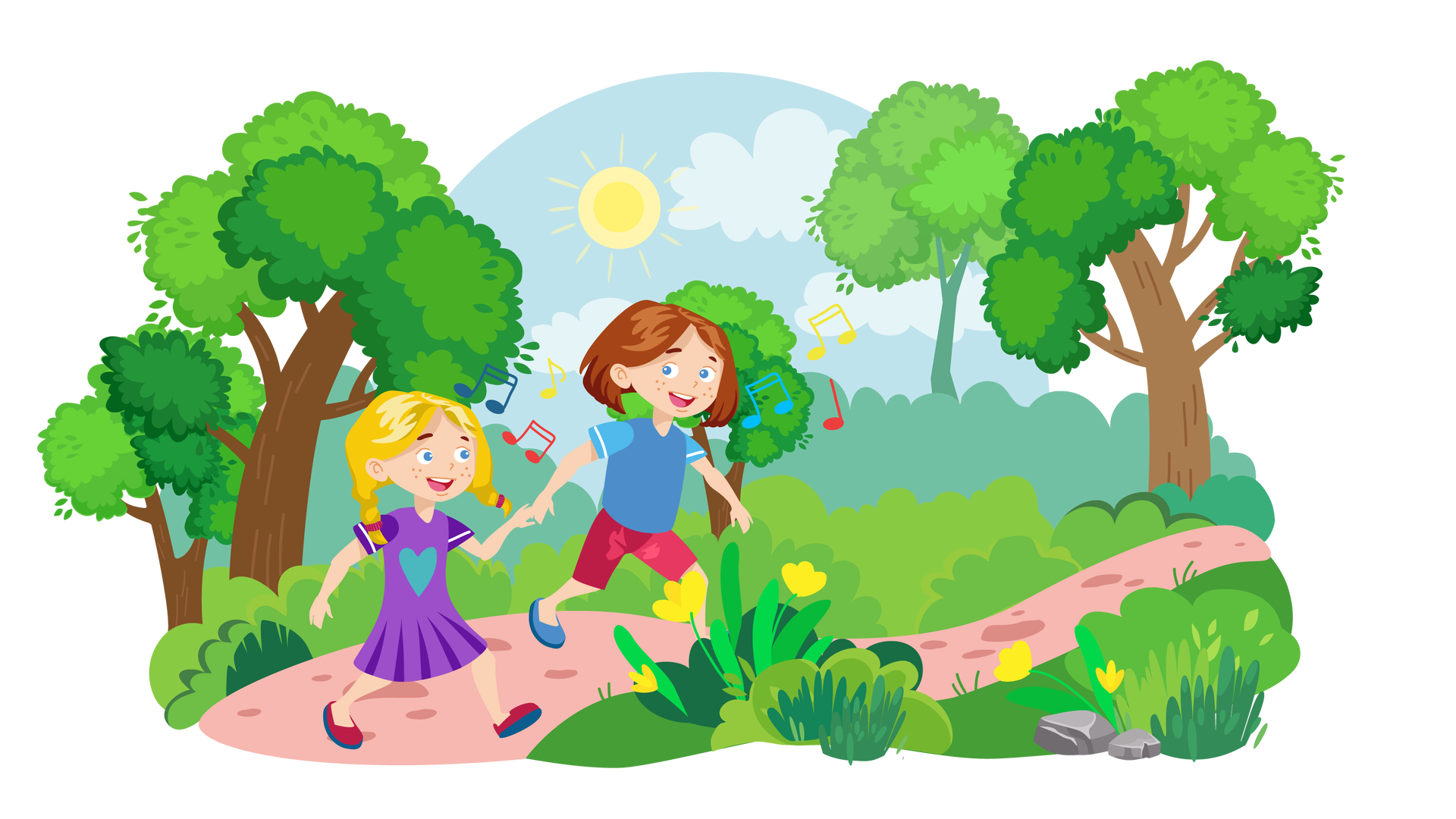 Ilustracja przedstawia rozległy teren porośnięty zielenią. W tle widać błękitne niebo ze słońcem i jasnymi chmurami. Dookoła rosną liczne krzewy, kępki wysokiej trawy, drzewa liściaste oraz pojedyncze żółte kwiaty. W dolnej części ilustracji leżą dwa szare kamienie. Środkiem biegnie ścieżka, po której idzie Maja z drugą dziewczynką. Dziewczynka ma blond włosy związane w dwa warkoczyki. Jest ubrana w fioletową sukienkę z krótkimi rękawami i niebieskim serduszkiem z przodu oraz ciemnoróżowe buty z granatowymi podeszwami. Dziewczynki patrzą na siebie, trzymają się za ręce i szeroko się uśmiechają. Nad nimi unoszą się kolorowe nutki.