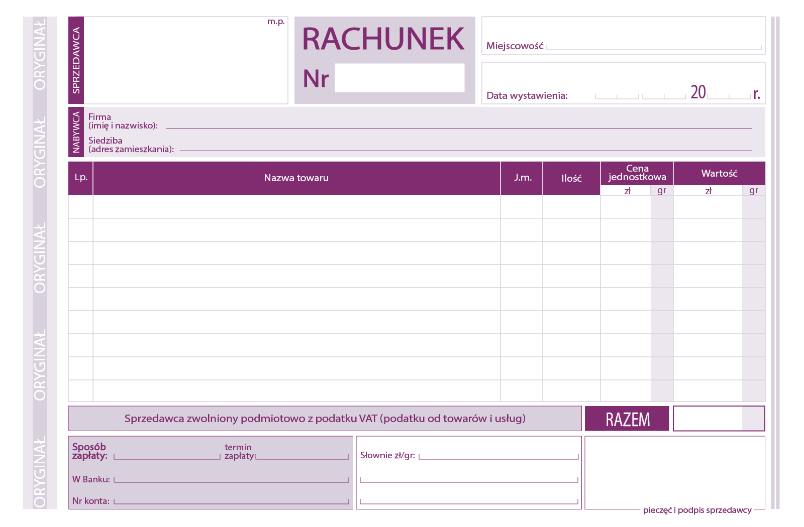 Grafika przedstawia wzór rachunku, który po wypełnieniu stanowi dokument fiskalny.