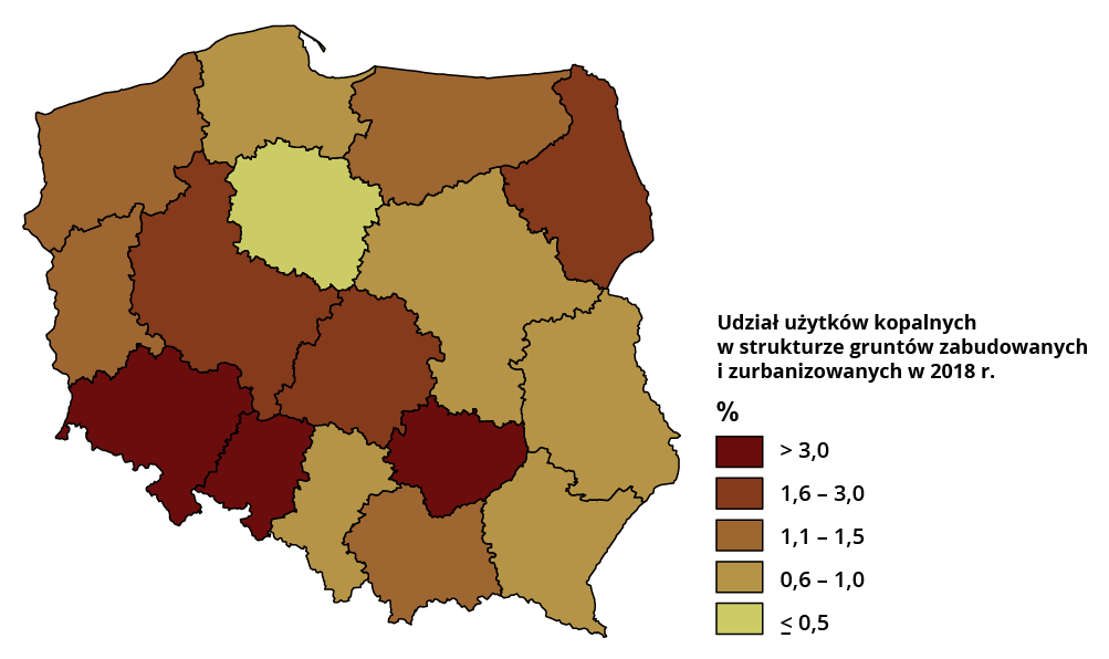 Mapa Polski przedstawia udział użytków kopalnych. Ponad 3% wystąpiło w województwie świętokrzyskim, opolskim i dolnośląskim. Od 1,6 do 3% wystąpiło w województwie podlaskim, łódzkim i wielkopolskim. Od 1,1 do 1,5% wystąpiło w województwie warmińsko‑mazurskim, zachodniopomorskim, lubuskim i małopolskim. Od 0,6 do 1% wystąpiło w województwie pomorskim, mazowieckim, lubelskim, podkarpackim i śląskim. Poniżej 0,5% wystąpiło w województwie kujawsko‑pomorskim.