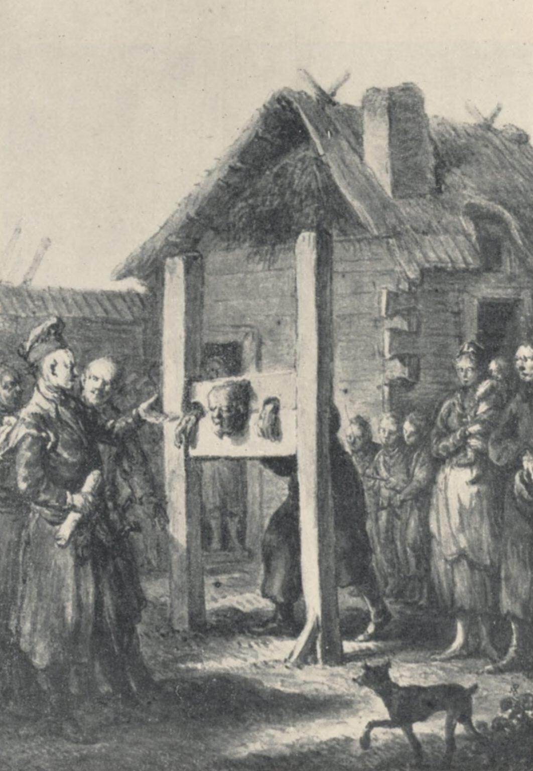 Na ilustracji widnieje chłop zakuty w dyby. Jego głowa oraz ręce są unieruchomione w otworach między dwoma deskami. Przed nim stoją ludzie którzy go tam umieścili. 