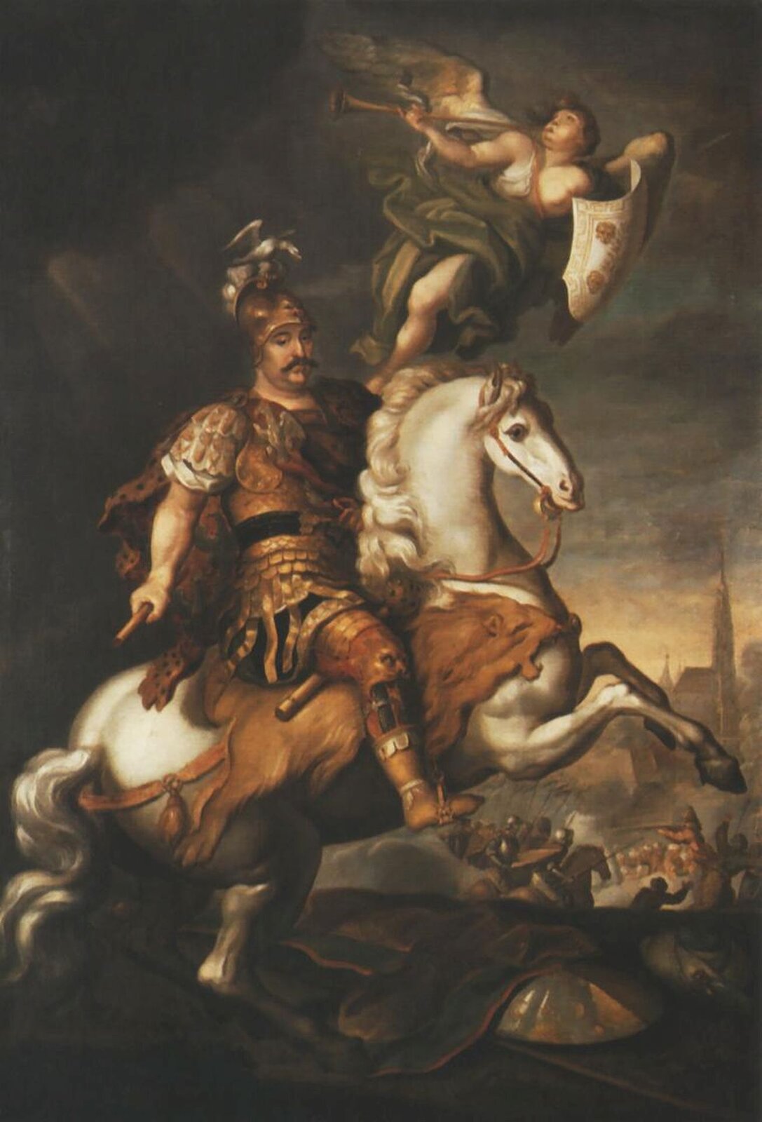 Ilustracja przedstawia obraz Jerzego Semiginowskiego-Eleutera (Szymonowicza) „Jan III pod Wiedniem”. Ukazuje króla na koniu stającym dęba. Monarcha ma na sobie złotą zbroję, a na głowie hełm z pióropuszem i orłem. Nad nim znajduje się dmący w trąbę anioł z rozłożonymi skrzydłami i tarczą w lewej dłoni. W tle rozgrywa się bitwa. W lewym górny, rogu znajduje się ciemna chmura, spod której wydobywają się promienie słoneczne.