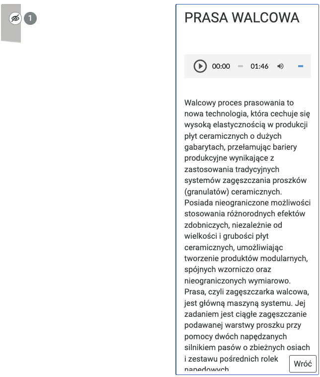 Ilustracja przedstawia okno z treścią spod interaktywnego punktu planszy. Treść dotyczy pracy walcowej. Czytana jest przez lektora.