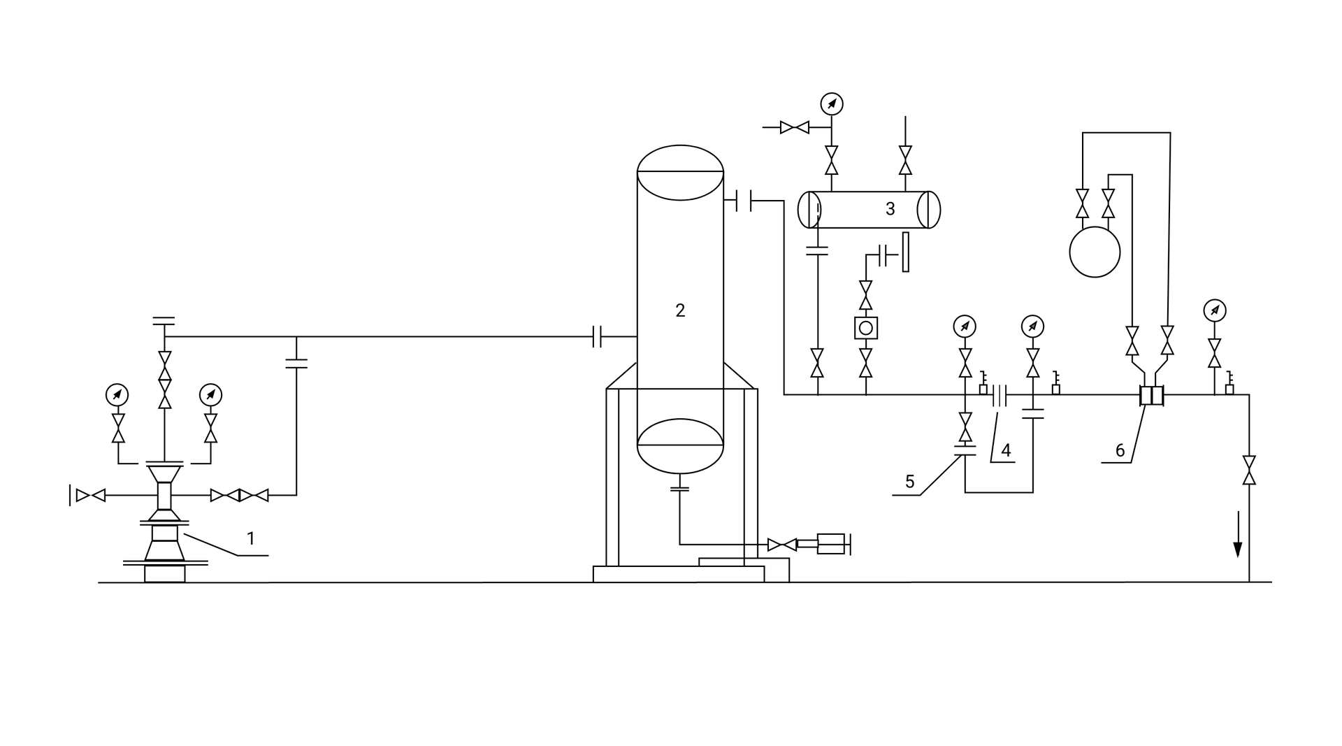 Ilustracja przedstawia schemat uzbrojenia napowierzchniowego przyodwiertowego. Pozioma linia przechodząca przez cały schemat symbolizuje poziom gruntu. Z lewej strony schematu znajduje się głowica eksploatacyjna oznaczona numerem 1. Składa się ona z słupka, do którego przyłączone są zawory, manometry oraz przewód prowadzący do elementu numer 2. Element ten oddzielacz. Jest do duży prostokątny zbiornik w pozycji pionowej, zaokrąglony z obu stron. Jest on umieszczony na stelażu, a w jego dolnej części znajduje się zawór. U góry zbiornika po prawej stronie znajduje się przewód prowadzący do ziemi. Na różnych etapach przewodu znajdują się kolejne elementy układu. Pierwsze z nich to oznaczone numerem 3 urządzenie do dodawania metanolu. Jest to cylinder w pozycji pionowej. Dołączone są do niego inne przewodu oraz manometr. Z głównym przewodem łączy go przewód z licznikiem. Kolejnym elementem jest zwężka pomiaru przepływu oznaczona numerem 4. Na schemacie została przedstawiona jako trzy pionowe kreski z przerwą na przewodzie. Zwężka otoczona jest przewodem, na którym znajduje się element numer 5. Jest to zwężka do syfonowania. Do przewodu dołączone są również dwa manometry. Ostatnim elementem jest odcinek pomiarowy. Oznaczony jest cyfrą 6, a na schemacie przedstawiony jest jako dwa złączone prostokąty, z których w górę poprowadzone są dwa przewody. Przewody zakończone są okrągłym elementem. Pod schematem znajduje się legenda.