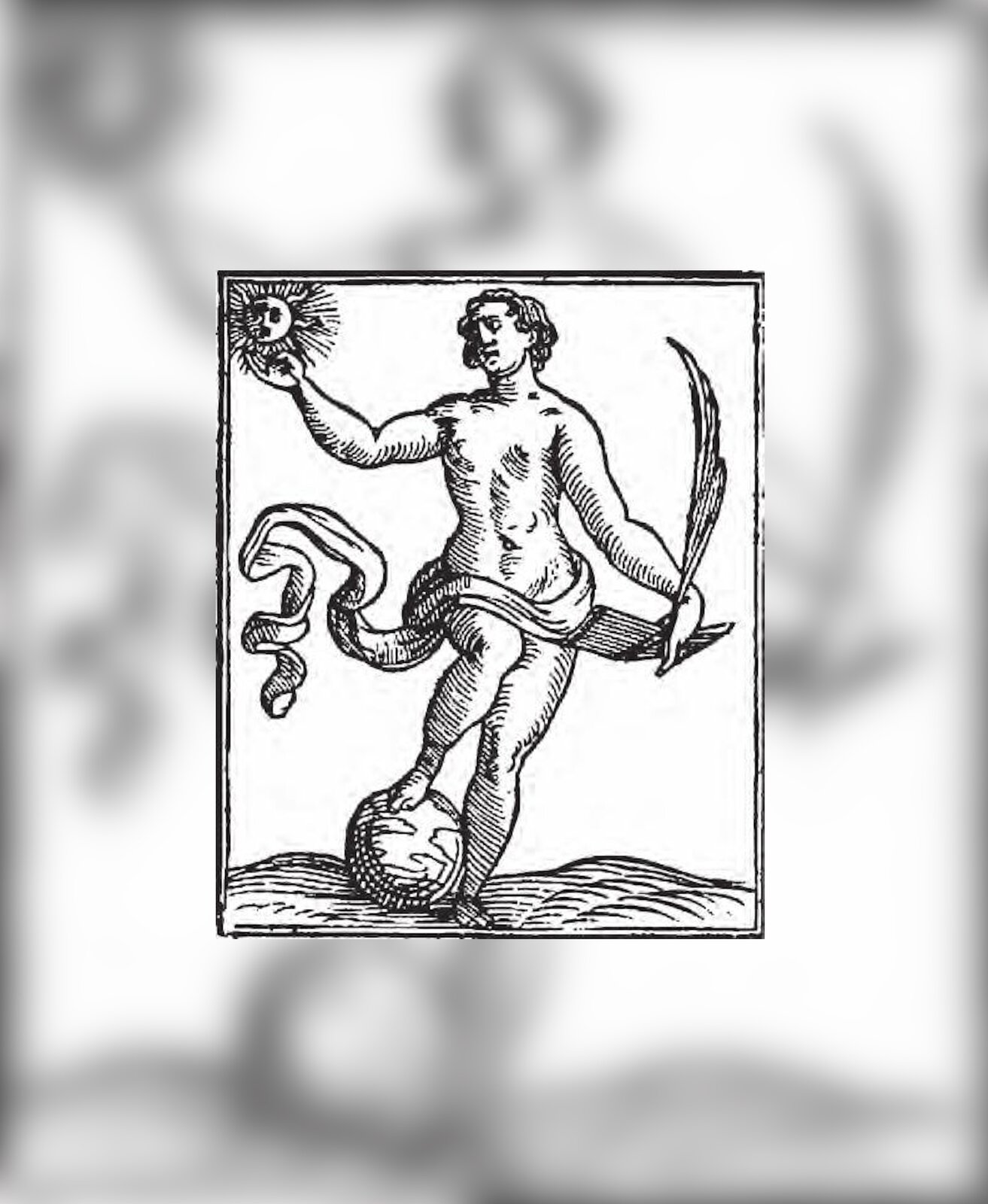 Ilustracja przedstawia półnagą postać, która prawą ręką dotyka słońca, w lewej trzyma pióro, a prawą stopą dotyka globus.