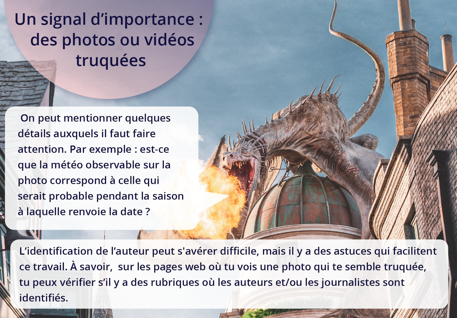 Ilustracja przedstawia animowanego smoka, który siedzi na kopule budynku i zieje ogniem. Tekst: Un signal d'importance : des photos ou vidéos truquées. On peut mentionner quelques détails auxquels il faut faire attention. Par exemple : est‑ce que la météo observable sur la photo correspond à celle qui serait probable pendant la saison à laquelle renvoie la date ? L'identification de l'auteur peut s'avérer difficile, mais il y a des astuces qui facilitent ce travail. À savoir, sur les pages web où tu vois une photo qui te semble truquée, tu peux vérifier s’il y a des rubriques où les auteurs et/ou les journalistes sont identifiés.  