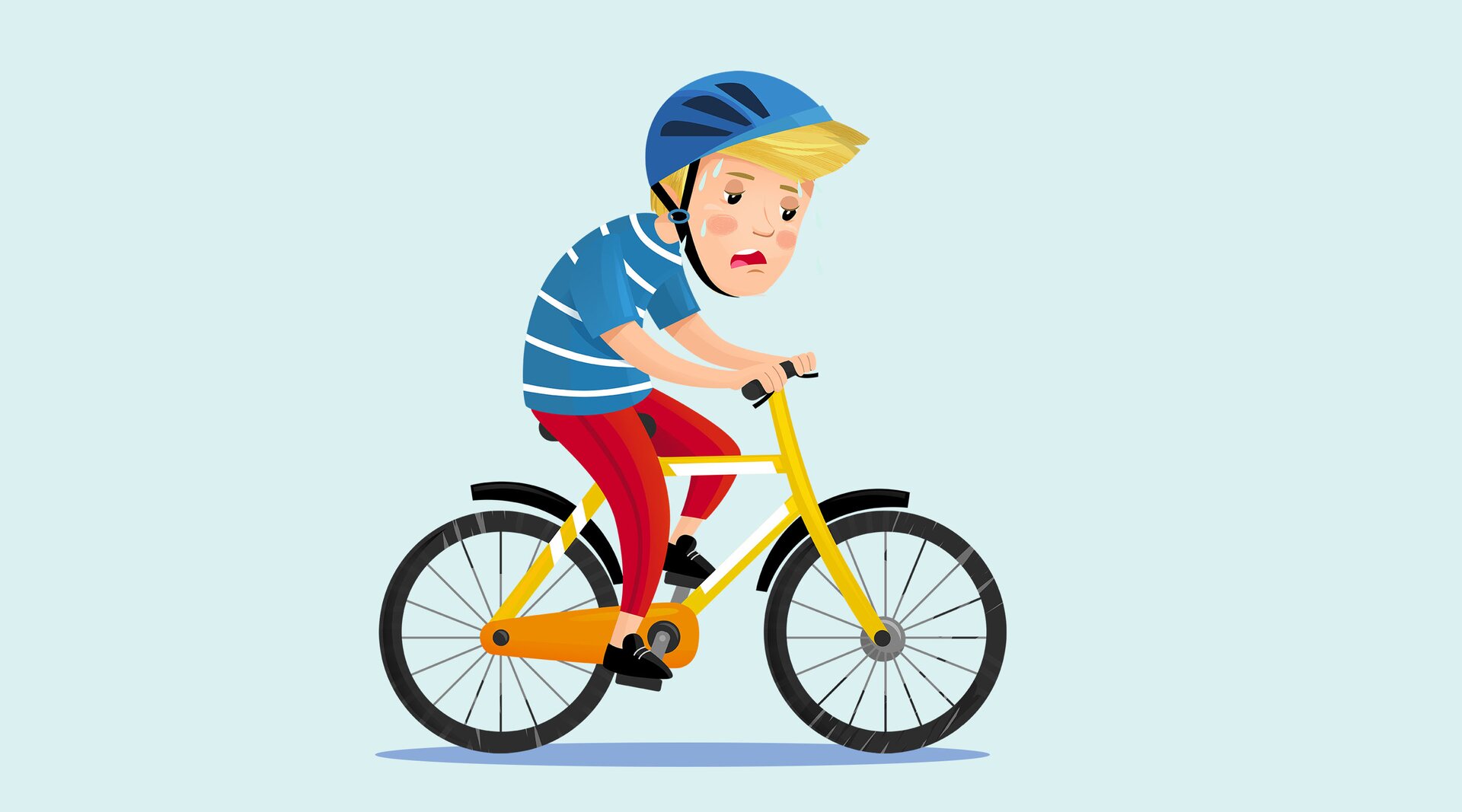 Na ilustracji znajduje się zmęczone dziecko jadące na rowerze.