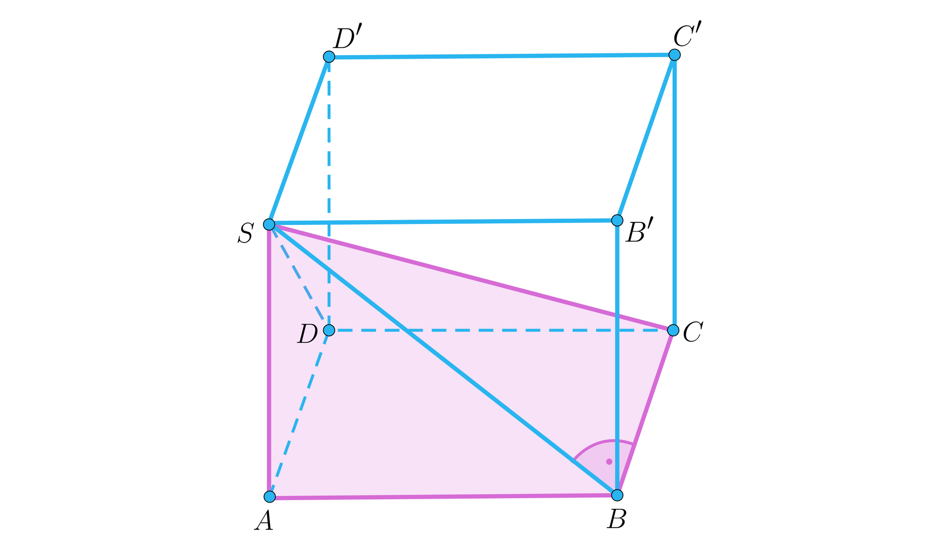Rysunek przedstawia graniastosłup, w który wpisany jest ostrosłup. Obie bryły mają wspólną podstawę, którą jest czworokąt. Wierzchołki graniastosłupa to: A, B, C, D, S, B prim, C prim, D prim. Wierzchołki ostrosłupa to: A, B, C, D, S. Przy czym wierzchołki: A, B, C, D to wierzchołki podstawy. 