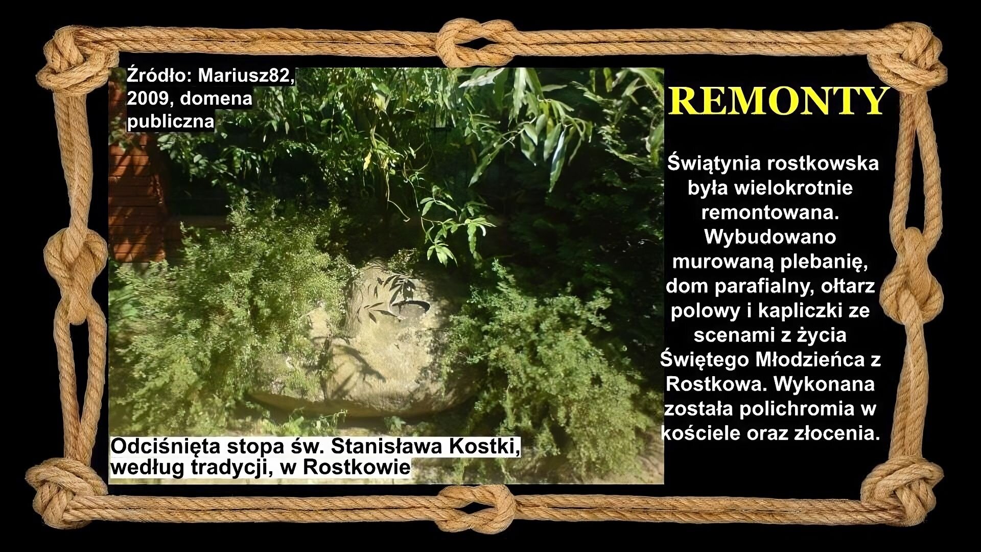Slajd zawiera napis tytułowy, umieszczony po prawej: Remonty. Poniżej napis: Świątynia rostkowska była wielokrotnie remontowana. Wybudowano murowaną plebanię, dom parafialny, ołtarz polowy i kapliczki ze scenami z życia Świętego Młodzieńca z Rostkowa. Wykonana została polichromia w kościele oraz złocenia. Po lewej znajduje się zdjęcie przedstawiające krzewy, pośród których jest kamień z odciśniętym śladem ludzkiej stopy. Tło slajdu jest czarne, a ramkę slajdu tworzy sznur, przeplatany kilkoma supłami.