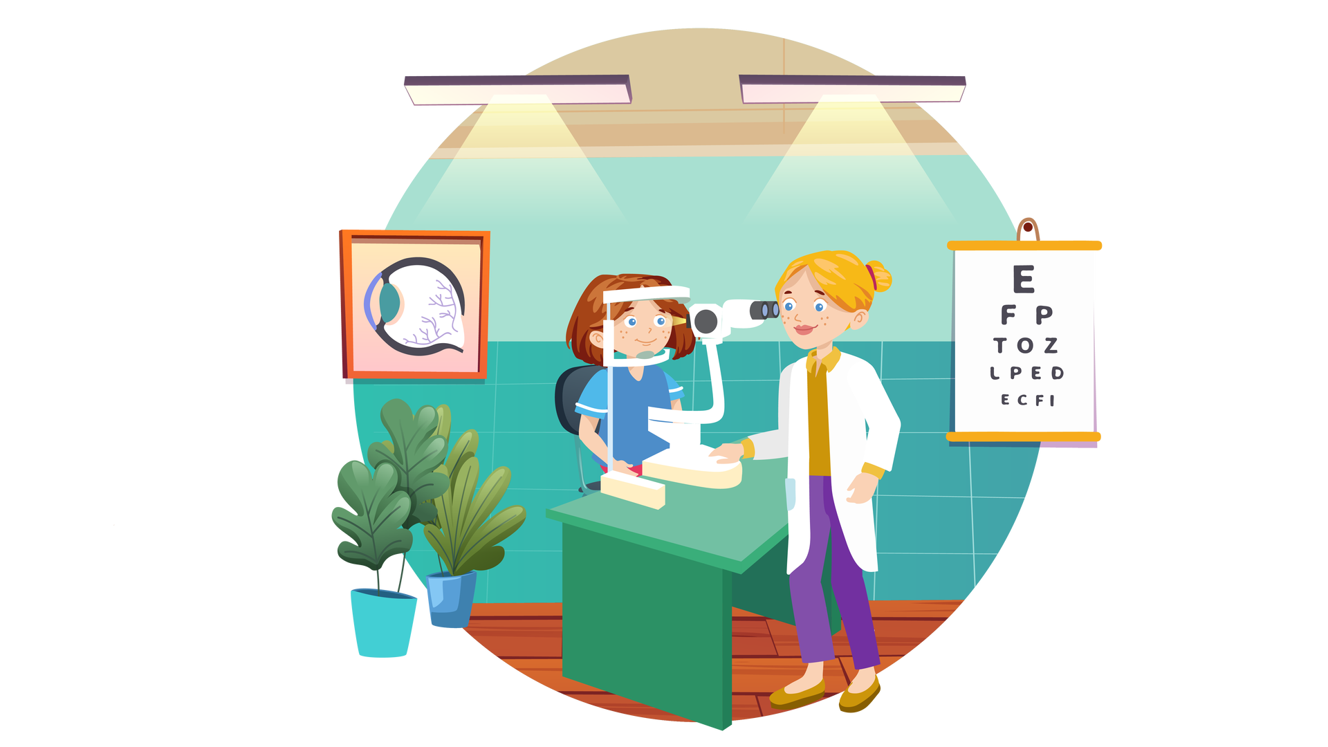 Ilustracja przedstawia gabinet okulisty. W tle znajduje się zielona ściana, na której po lewej stronie wisi obrazek przedstawiający budowę gałki ocznej, a po prawej tablica służąca do badania wzroku. Znajdują się na niej różnej wielkości czarne litery na białym tle. Pod obrazkiem oka stoją na podłodze dwie zielone rośliny w kolorowych doniczkach. Na środku ilustracji znajduje się zielone biurko, na którym stoi duży sprzęt do badania wzroku. Jest biały, ma podpórkę na brodę pacjenta, część, gdzie kieruje wzrok pacjent i część, gdzie kieruje wzrok okulista. Po lewej stronie biurka siedzi na krześle Maja. Trzyma brodę na podpórce. Po prawej stronie biurka stoi okulistka. Ma blond włosy upięte w kok. Jest ubrana w żółtą bluzkę z kołnierzykiem i długimi rękawami, długie fioletowe spodnie i żółte buty. Patrzy w oczy Mai za pomocą sprzętu do badania wzroku.