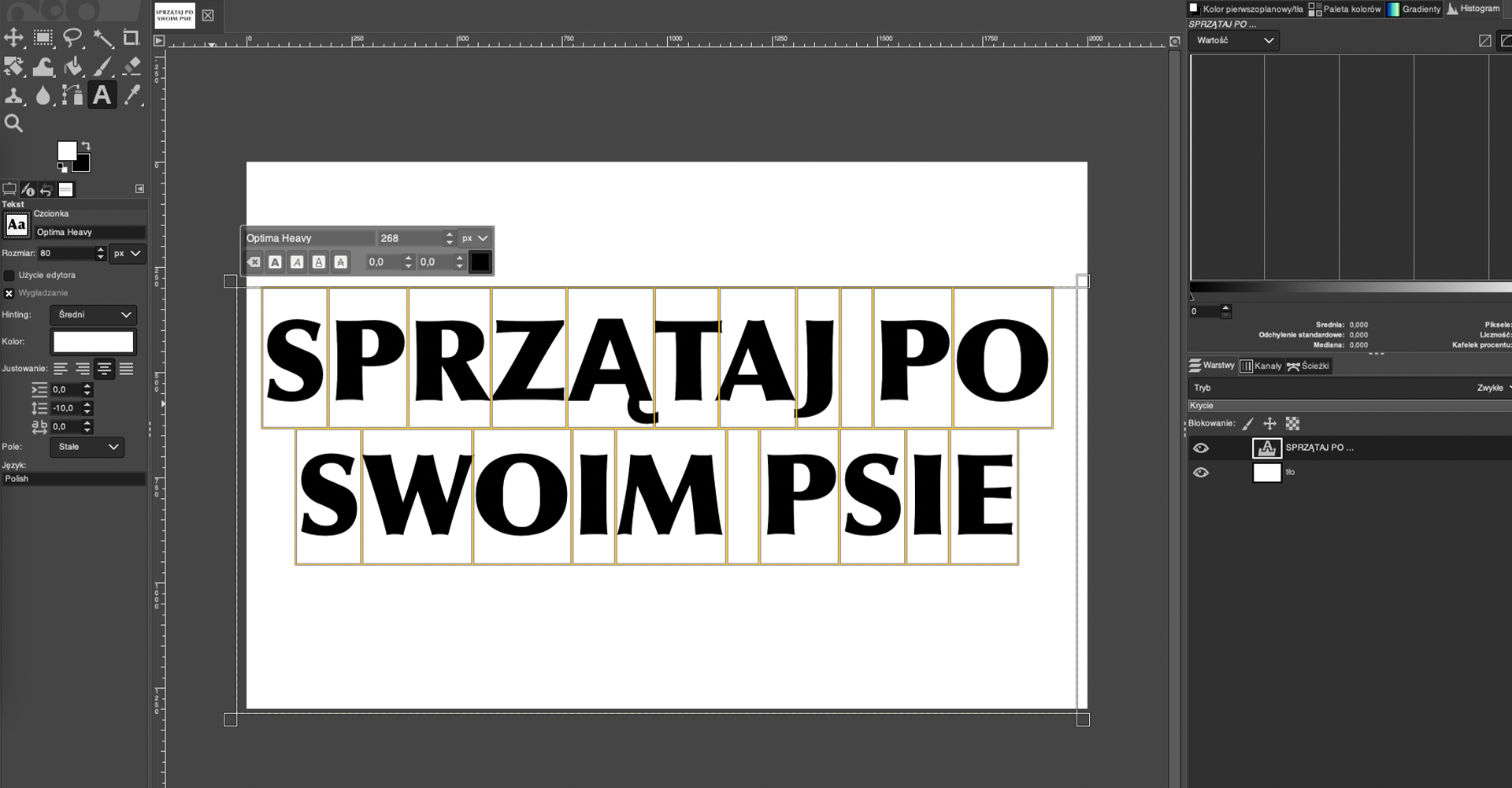 Ilustracja przedstawia okno programu. Po lewej stronie jest panel dotyczący tekstu. Wybrano czcionkę o nazwie Optima heavy. W obszarze roboczym na białym tle jest napis: SPRZĄTAJ PO SWOIM PSIE. Każda litera znajduje się w pionowym prostokącie. Po prawej stronie jest panel dotyczący wartości i warstw. Zaznaczono warstwę o nazwie: SPRZĄTAJ PO... 