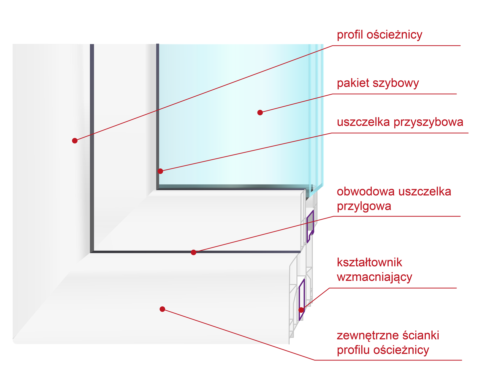 Ilustracja przedstawia graficzne odwzorowanie okna plastikowego. Konstrukcja ukazana została w przekroju, dzięki czemu widać sposób przylegania dwóch ścianek profilu ościeżnicy do siebie, oraz sposób rozmieszczenia uszczelek: przylgowej i przyszybowej. W środku ościeżnicy znajduje się kształtownik wzmacniający odróżniający się metalowym wykonaniem. Do poszczególnych elementów okna przyporządkowane są strzałki z odpowiednimi nazwami.