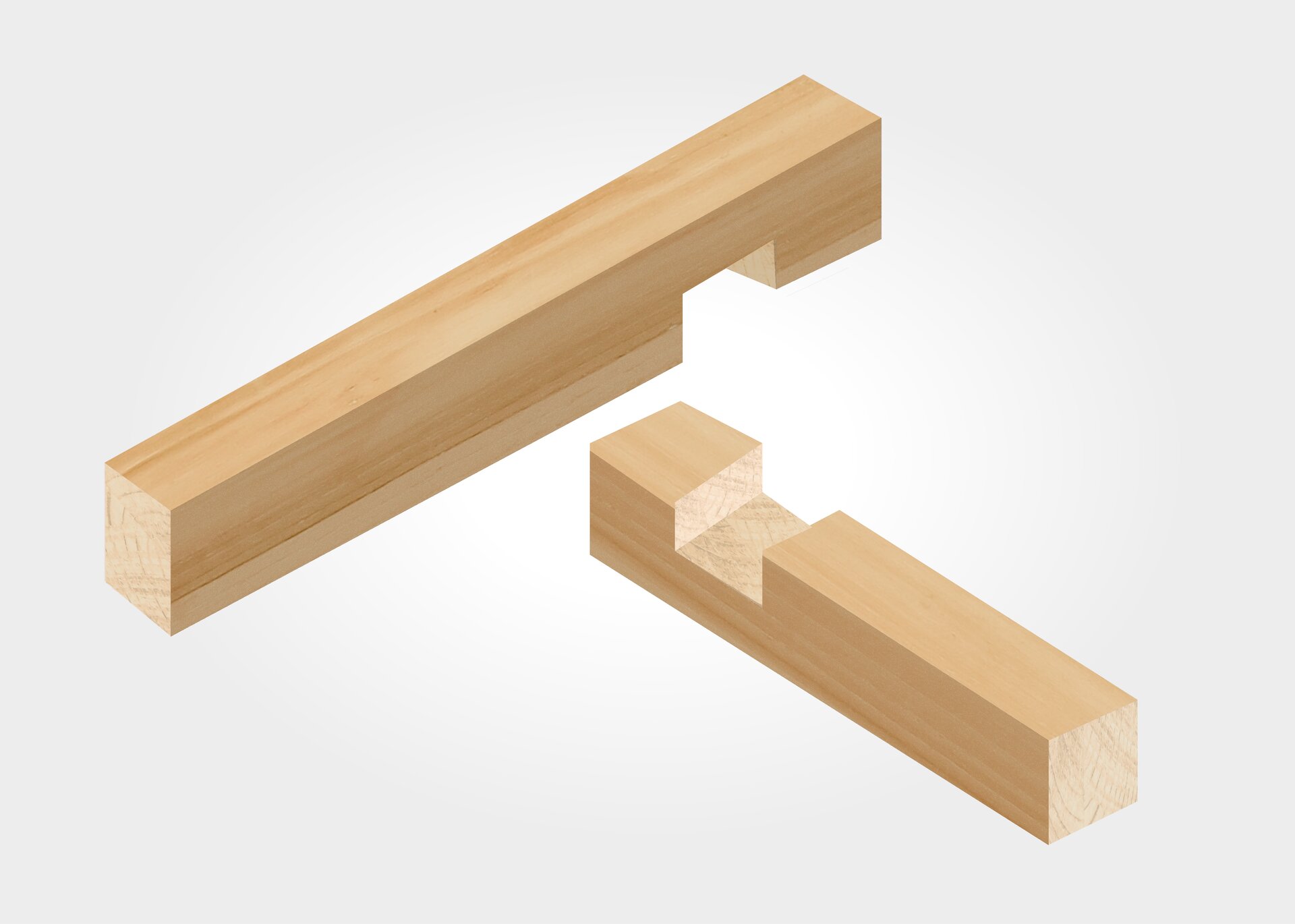 Grafika ukazuje sposób łączenia zamka węgłowego z ostatkami na przykładzie dwóch elementów. Przy końcu jednej belki znajduje się wycięcie na połowę jej grubości od góry, zaś w drugiej belce wycięcie tej samej wielkości zostało zrobione w dolnej części. Dzięki temu belki tworzą naroże, w którym ich zakończenia wystają poza powierzchnię ściany.