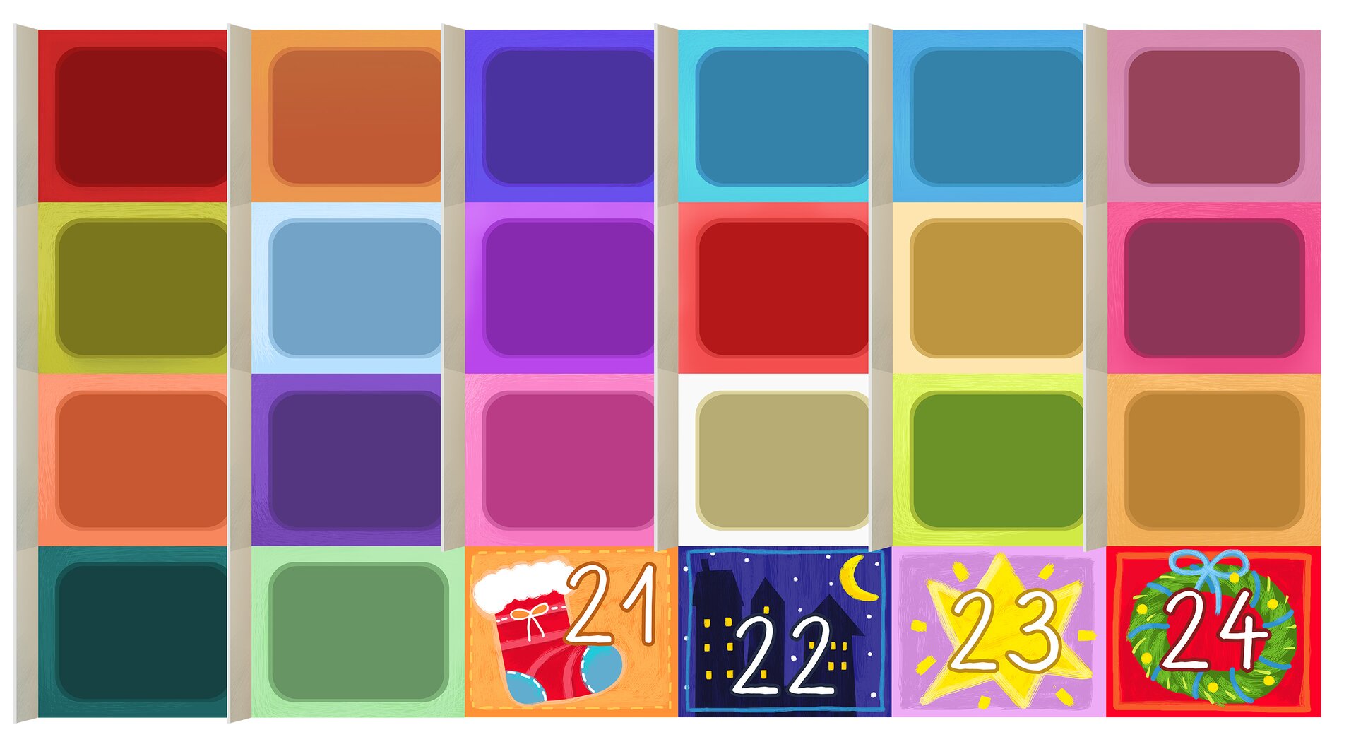 Ilustracja przedstawia okienka w kalendarzu z numerami 21, 22 ,23, i 24.