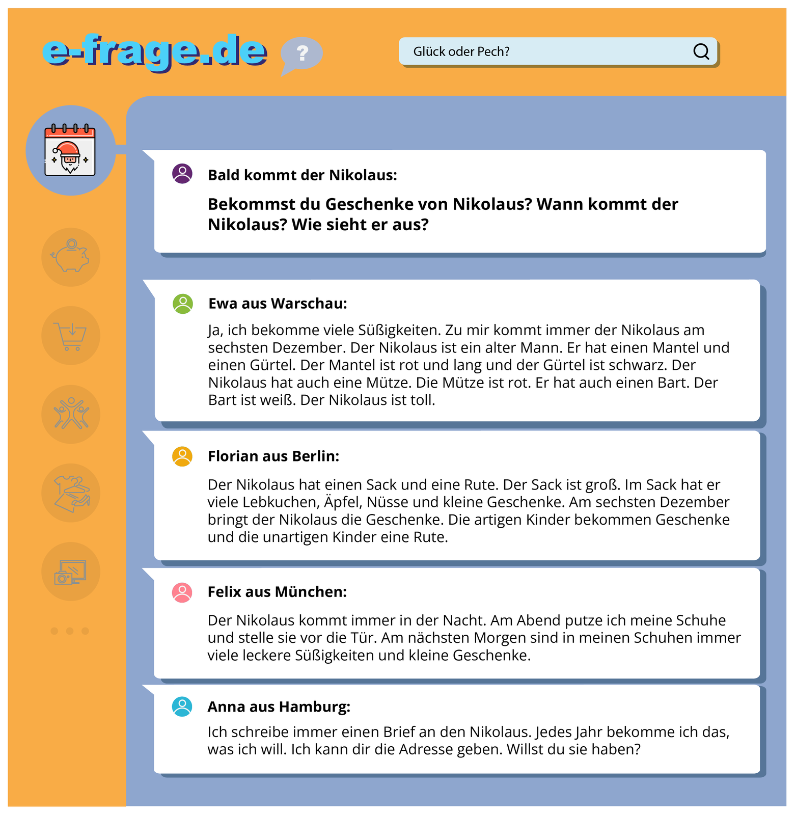 Ilustracja przedstawia rozmowę na forum internetowym. Obok widoczna jest ikonka mikołaja. Transkrypcja jest dostępna poniżej.