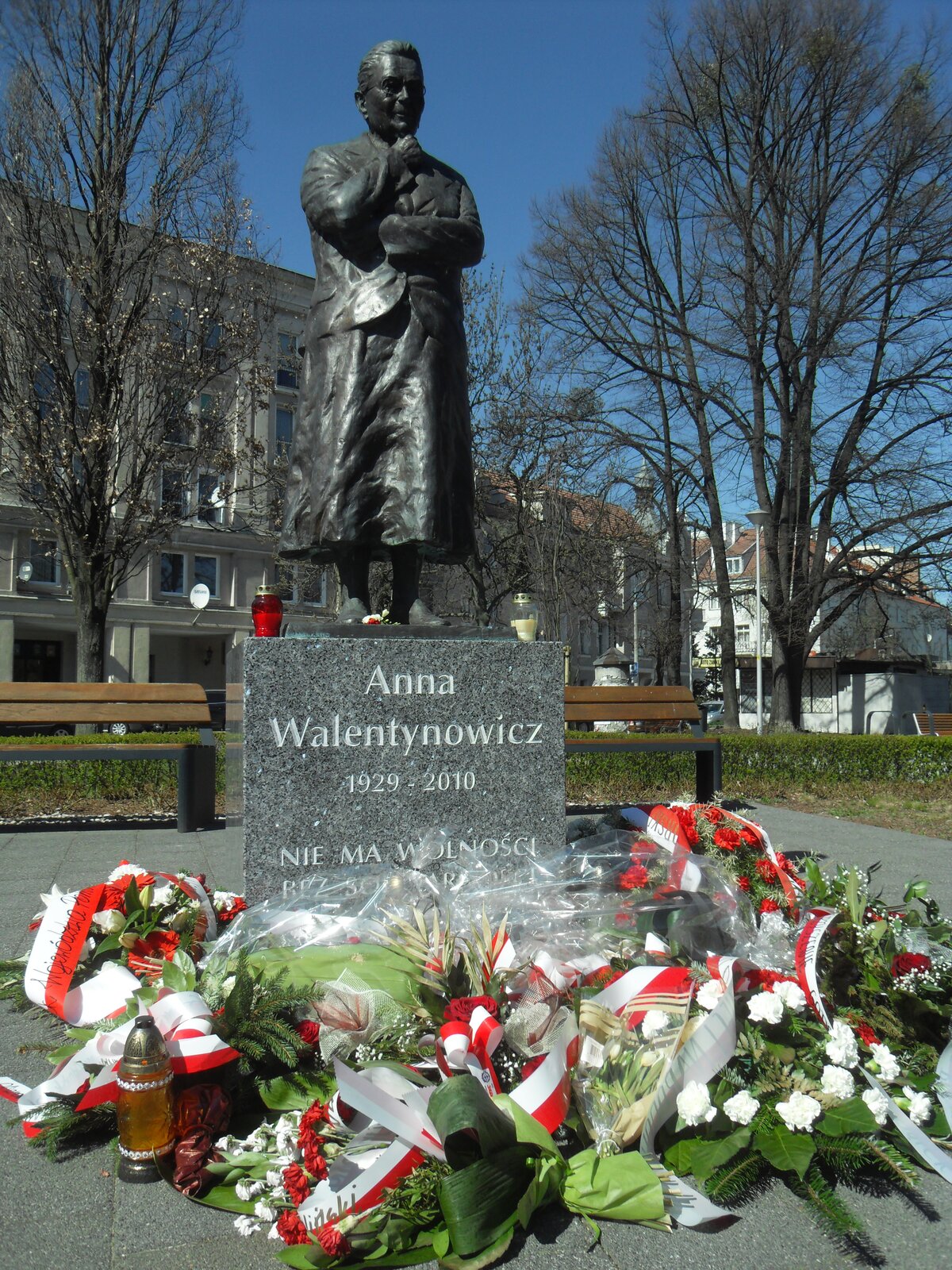 Zdjęcie przedstawia pomnik kobiety w drucianych, okrągłych okularach, z gładko zaczesanymi do tyłu włosami. Prawą ręką podpiera się pod brodą. Pod pomnikiem złożone są wieńce z  biało‑czerwonymi szarfami.