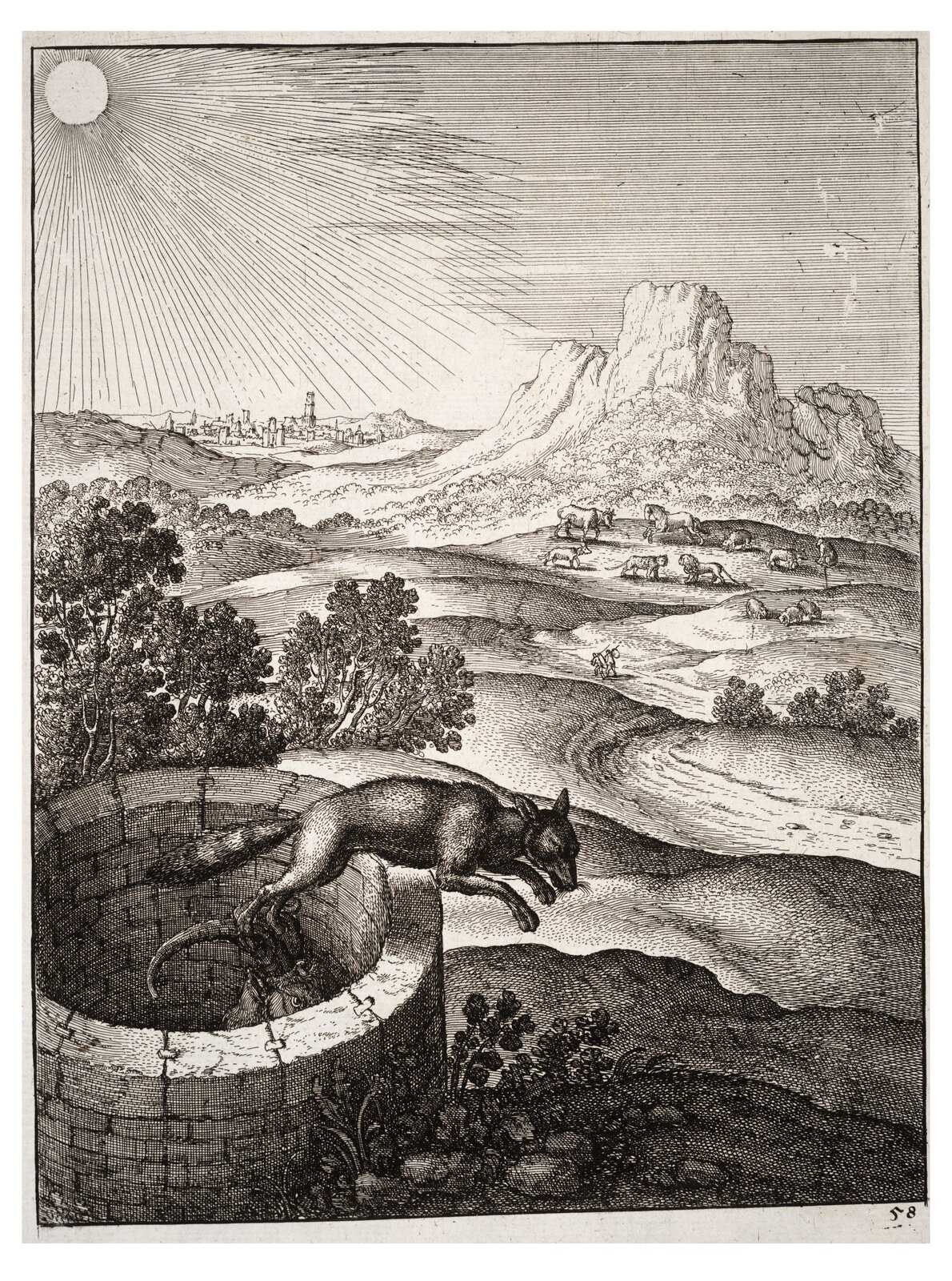 Czarno‑biała ilustracja przedstawia na pierwszym planie lisa wyskakującego ze studni po rogach kozy tkwiącej na jej dnie. W tle, za ukazaną w lewym dolnym narożniku okrągłą kamienną studnią, rozpościera się pagórkowaty krajobraz z wijącą się w dal drogą. Wzniesienia gdzieniegdzie porastają mniejsze i większe zgrupowania drzew, obfitsze z lewej strony kompozycji. Z prawej strony, na tle zaciągniętego chmurami nieba zajmującego górną część grafiki, wznoszą się ścięte szczyty stromych, skalistych gór. U ich podnóża pasą się i przechadzają nienaturalnie duże dzikie zwierzęta. Ukazane w górnym lewym narożniku słońce. Jego promienie oświetlają zabudowania znajdującego się poniżej miasta.