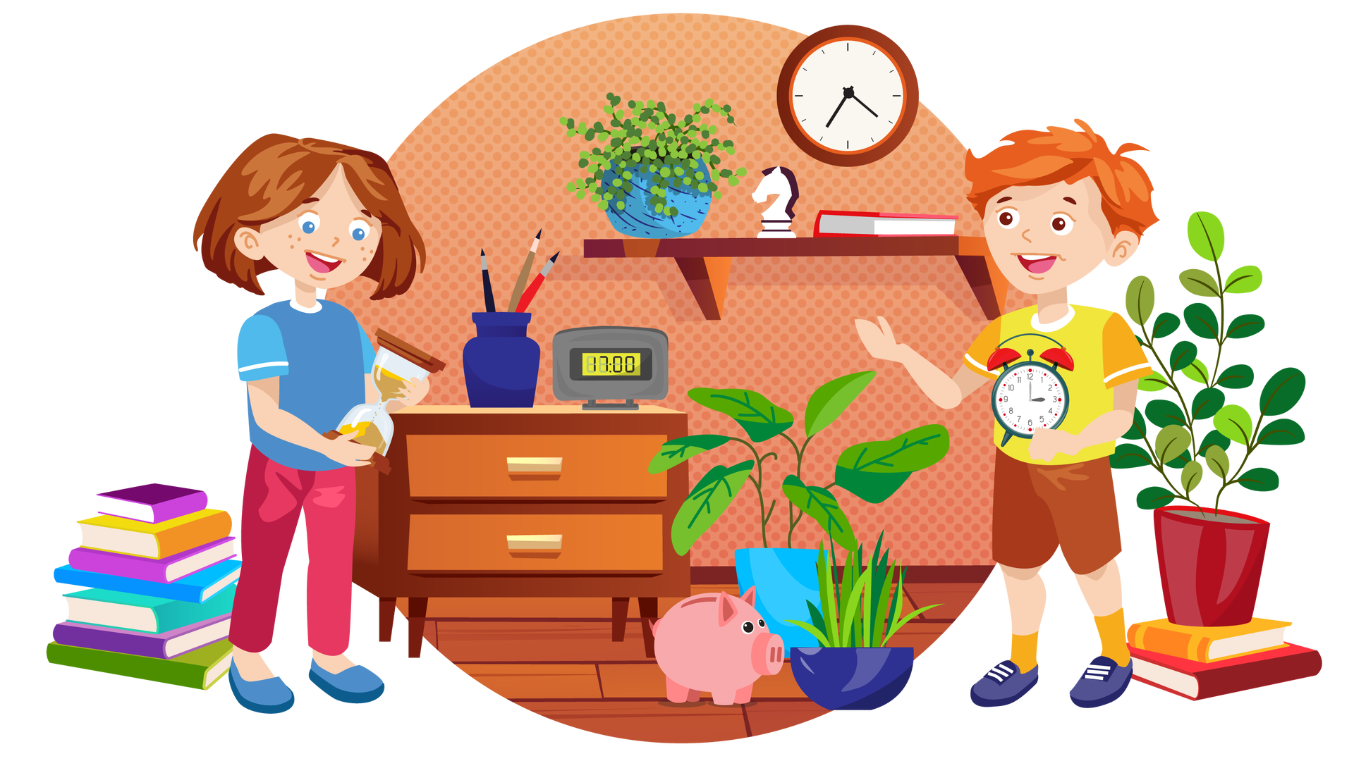 Ilustracja przedstawia pomieszczenie w domu Franka i Mai. W tle widać pomarańczową ścianę w kropki, na której wisi długa brązowa półka. Na półce, od lewej strony, znajdują się: zielona roślina w niebieskiej donicy, biało‑czarny skoczek szachowy oraz książka w czerwonej okładce. Nad półką wisi okrągły brązowy zegar ze wskazówkami. Po lewej stronie, pod ścianą, stoi brązowa szafka z dwiema szufladami. Na jej blacie znajdują się trzy kolorowe pędzle w granatowym pojemniku oraz szary zegarek elektroniczny wskazujący godzinę siedemnastą. Dalej na lewo, na drewnianej podłodze, leży stos książek w kolorowych okładkach. Obok książek stoi Maja. Jest ubrana w niebieską koszulkę z krótkimi błękitnymi rękawami, długie ciemnoróżowe spodnie i ciemnoniebieskie buty. Spogląda na dużą klepsydrę, którą trzyma w rękach, i się uśmiecha. Na środku pomieszczenia stoi różowa świnka skarbonka, a obok niej są dwie rośliny – jedna w jasnoniebieskiej, a druga w granatowej donicy. Po prawej stronie ilustracji, na podłodze, są dwie książki ułożone jedna na drugiej. Pierwsza ma pomarańczową okładkę, a druga czerwoną. Na książkach stoi duża zielona roślina w ciemnoczerwonej donicy. Obok stoi Franek. Jest ubrany w żółtą koszulkę z krótkimi pomarańczowymi rękawami, krótkie brązowe spodnie, pomarańczowe skarpety i granatowe buty z białymi sznurówkami. W lewej ręce trzyma zielono‑czerwony budzik ze wskazówkami. Prawą rękę wyciąga przed siebie. Spogląda na Maję i się uśmiecha.