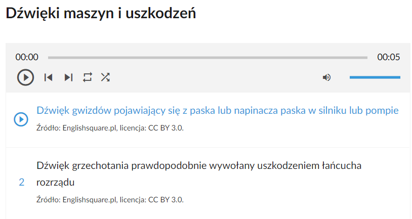 Zdjęcie przedstawia wygląd odtwarzacza dźwięków zamieszczonego w galerii. Na górze, pod tytułem galerii, znajduje się odtwarzacz główny. Można w nim wysłuchać wszystkich dźwięków z galerii. Dźwięk w odtwarzaczu włącza i wyłącza się ikonką trójkąta wpisanego w koło. Kolejne dwa przyciski pozwalają przejść do poprzedniego lub kolejnego dźwięku. Ikona dwóch strzałek skierowanych w przeciwne strony pozwala na powtórzenie odtwarzania. Ikona skrzyżowanych strzałek włącza odtwarzanie losowe. W prawym dolnym rogu odtwarzacza można ustawić głośność dźwięku za pomocą niebieskiego paska. W górnym prawym rogu odtwarzacza widoczny jest czas trwania dźwięku. Poniżej głównego odtwarzacza znajdują się pojedyncze dźwięki z tytułami. Pojedyncze dźwięki można odtwarzać za pomocą trójkąta wpisanego w koło.