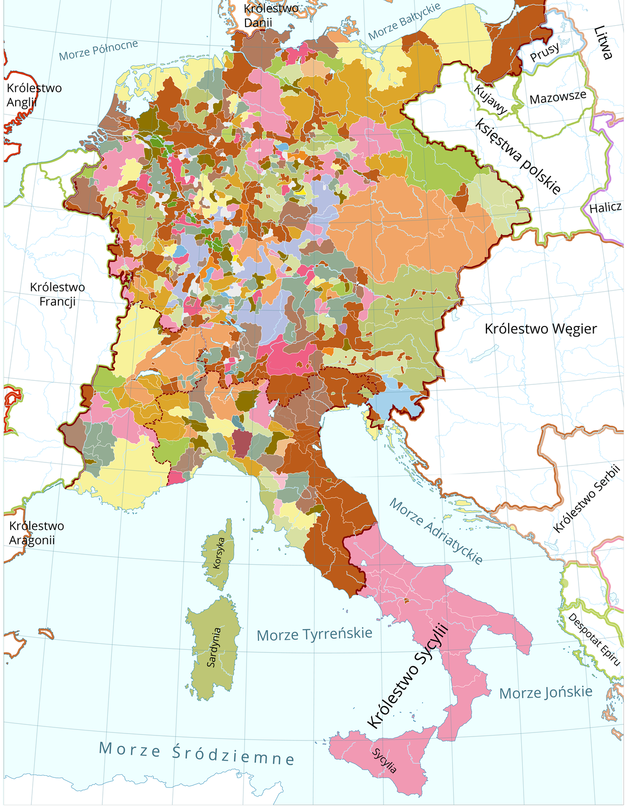 Mapa centralnej Europy przedstawia Święte Cesarstwo Rzymskie Narodu Niemieckiego w trzynastym wieku. Obejmowało ono północne Włochy, Austrię, Istrię, Czechy, Morawy, Śląsk, Pomorze Zachodnie i Gdańskie, Zachodnie Prusy, cały obszar Niemiec, Niderlandy oraz Prowansję. Było ono podzielone na setki małych księstw, królestw i państw miast.