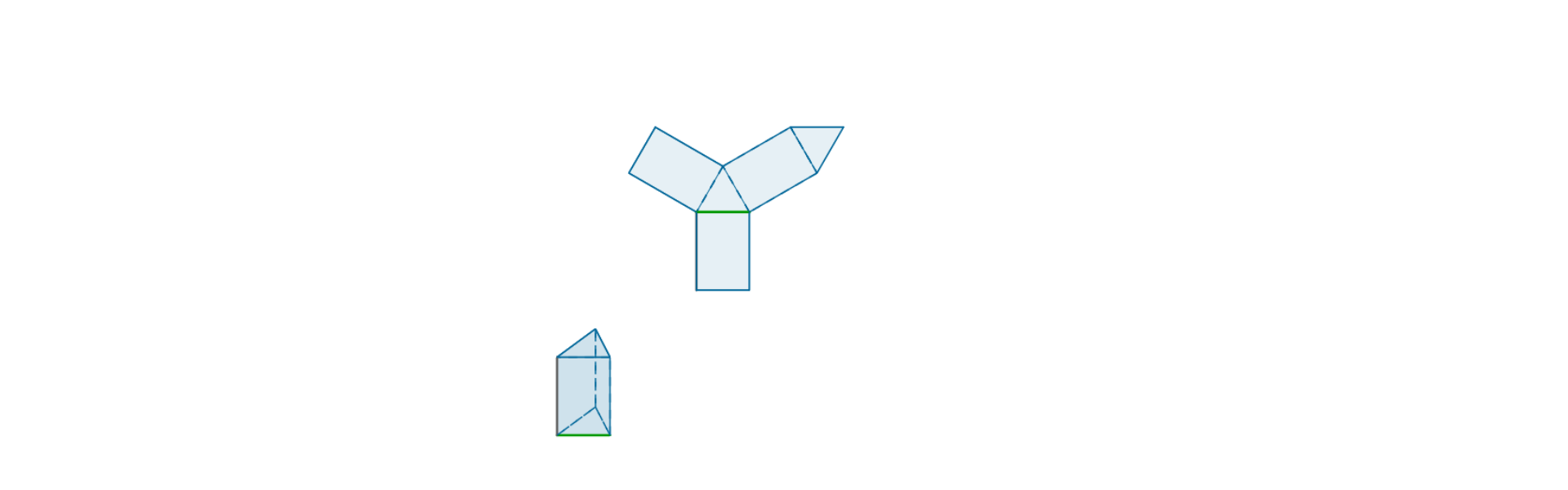 Rysunek przedstawia rzut graniastosłupa prawidłowego trójkątnego. Obok znajduje się siatka bryły składająca się z trzech prostokątów i dwóch trójkątów równobocznych.