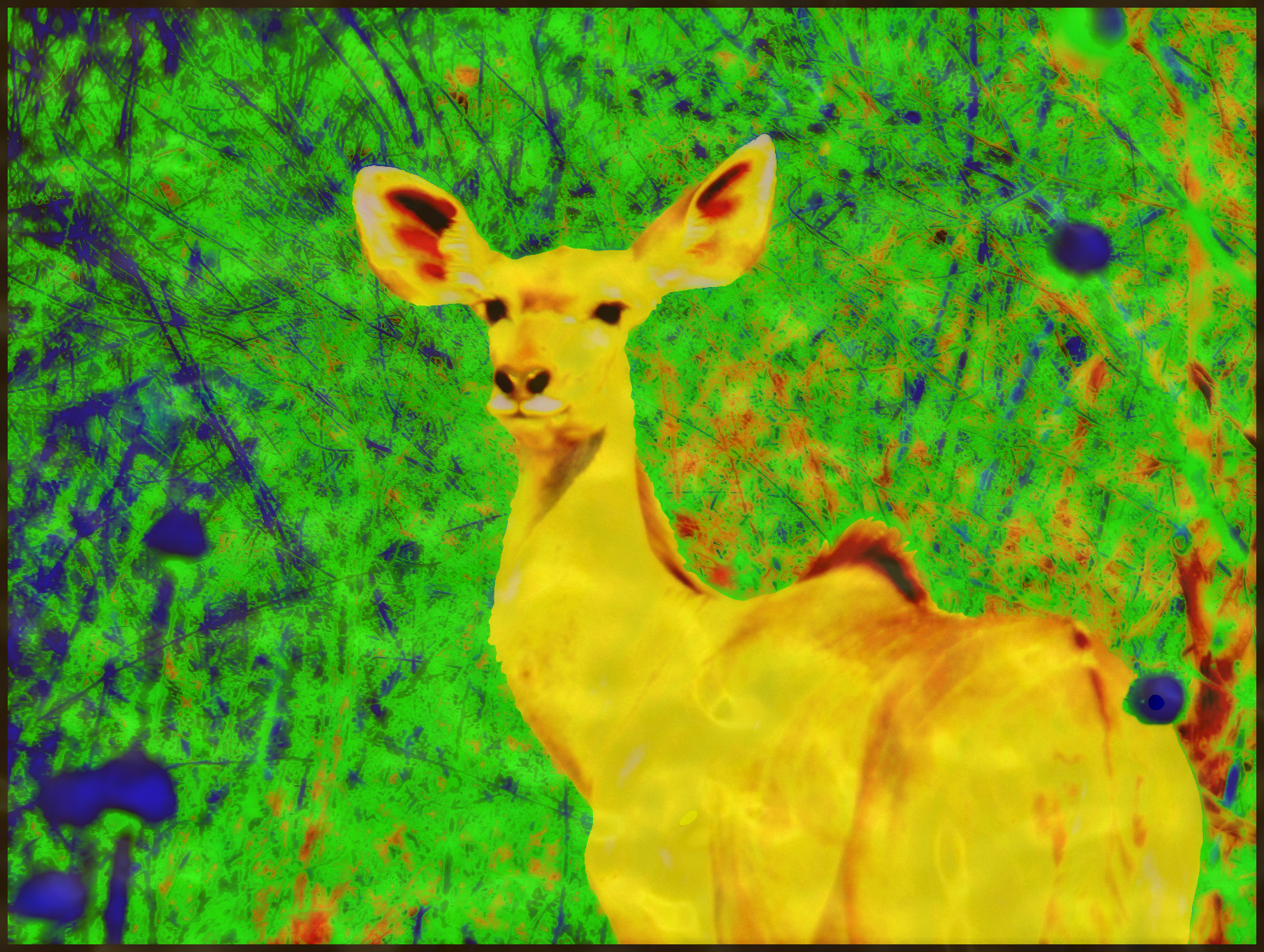 Zdjęcie przedstawia żółtą sarnę zwróconą głową w stronę czytelnika. Tło jest jaskrawo zielone. Gdzieniegdzie na zielonym tle małe owalne kształty w kolorze granatowym.