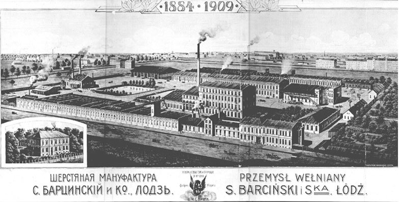 Ilustracja przedstawia liczne budynki zakładu. Część budynków ma długie kominy. Nad budynkami jest data 1884‑1909. Pod ilustracją jest napis po rosyjsku i po polsku: Przemysł wełniany S. Barciński i S‑ka. Łódź. 