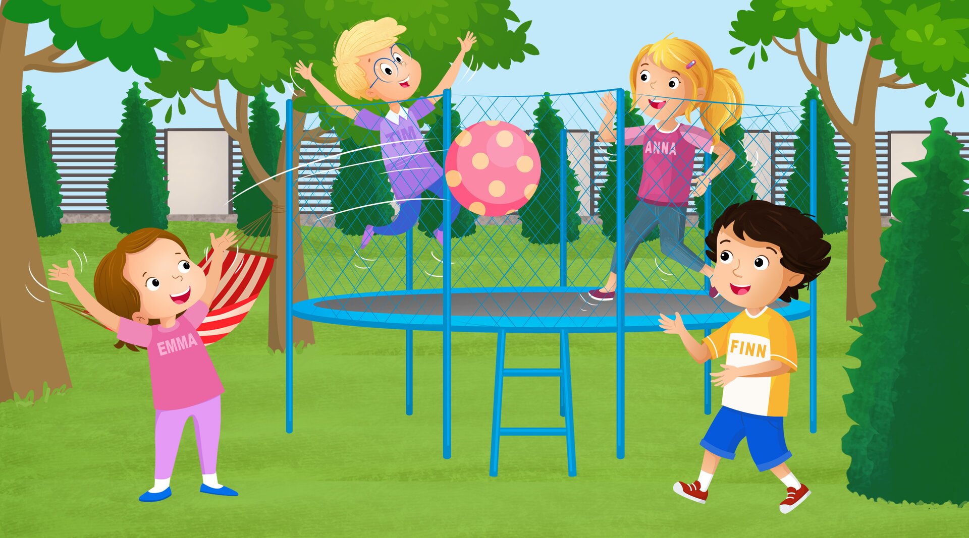 Ilustracja przedstawia czworo dzieci bawiących się w ogrodzie. Na trampolinie skaczą chłopak i dziewczyna. Na koszulkach mają napisane imiona Tim oraz Anna. Przed trampoliną grają w piłkę dzieci w koszulkach z imionami Emma oraz Finn.