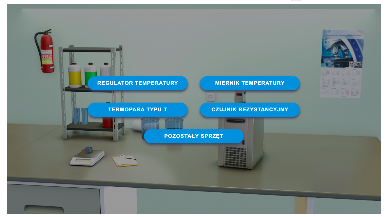 Zdjęcie przedstawia widok wirtualnego laboratorium, kolejno ikony: regulator temperatury, miernik temperatury, termopara typu te, czujnik rezystancyjny, pozostały sprzęt.
