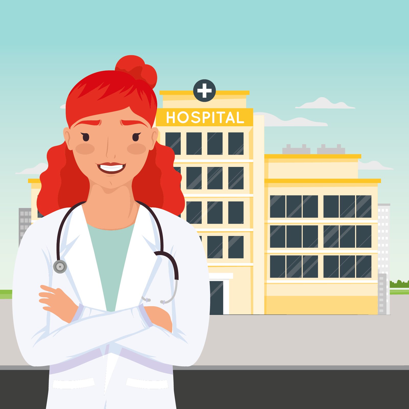 Ilustracja przedstawia rudowłosą lekarkę w białym fartuchu, stojącą przodem do obserwatora. Na szyi lekarki znajduje się stetoskop. W tle widoczny jest żółty, wysoki budynek z wieloma oknami. Na szczycie budynku, widać wielki biały plus w kółeczku, oraz napis Hospital.