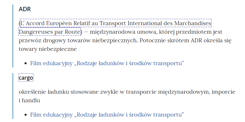 Zrzut ekranu przedstawia kilka pojęć ze Słownika. Konstrukcja jest następująca: pojęcie, poniżej jego wyjaśnienie, a pod nim znajduje się link, po którego kliknięciu użytkownik przenosi się do rozdziału w tym materiale, w którym dane pojęcie jest wykorzystywane. Linków może być jeden lub kilka, w zależności od tego, w ilu rozdziałach użyto pojęcia.