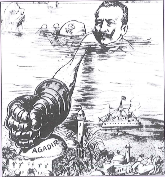 Ilustracja przedstawia głowę mężczyzny z długą, wielką ręką okrytą rękawicą ze zbroi. Poniżej napis: agadir. Przedstawienie meczetów, odpływających statków.
