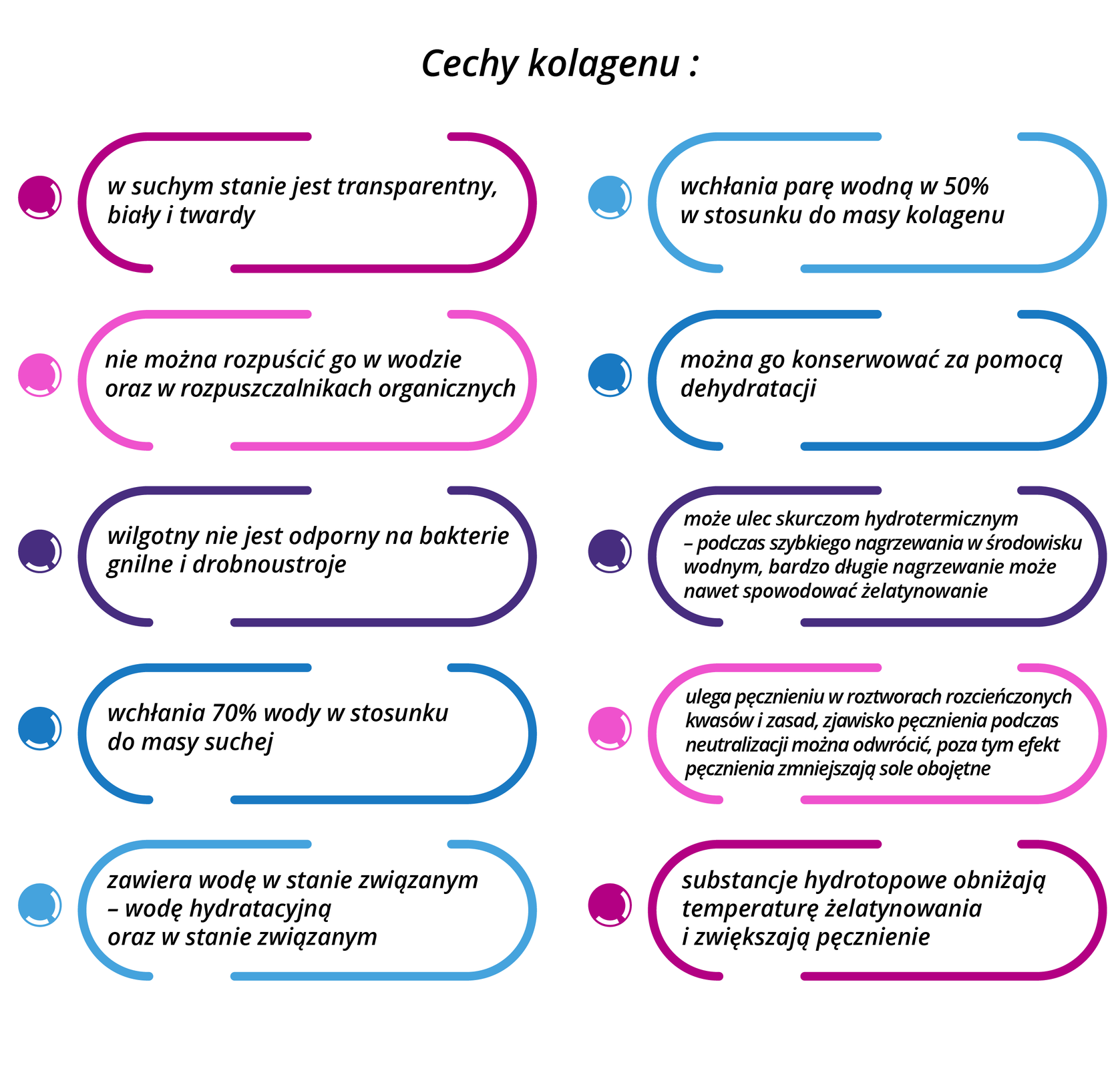 Grafika przedstawia wypunktowane w kolorowych ramkach cechy kolagenu. Wyróżnione cechy to: w suchym stanie jest transparentny, biały i twardy; wchłania parę wodną w 50% w stosunku do masy kolagenu; nie można rozpuścić go w wodzie oraz w rozpuszczalnikach organicznych; można go konserwować za pomocą dehydratacji; wilgotny nie jest odporny na bakterie gnilne i drobnoustroje; może ulec skurczom hydrotermicznym - podczas szybkiego nagrzewania w środowisku wodnym, bardzo długie nagrzewanie może nawet spowodować żelatynowanie; wchłania 70% wody w stosunku do masy suchej; ulega pęcznieniu w roztworach rozcieńczonych kwasów i zasad, zjawisko pęcznienia podczas neutralizacji można odwrócić, poza tym efekt pęcznienia zmniejszają sole obojętne; zawiera wodę w stanie związanym - wodę hydratacyjną oraz w stanie związanym; substancje hydrotopowe obniżają temperaturę żelatynowania i zwiększają pęcznienie.