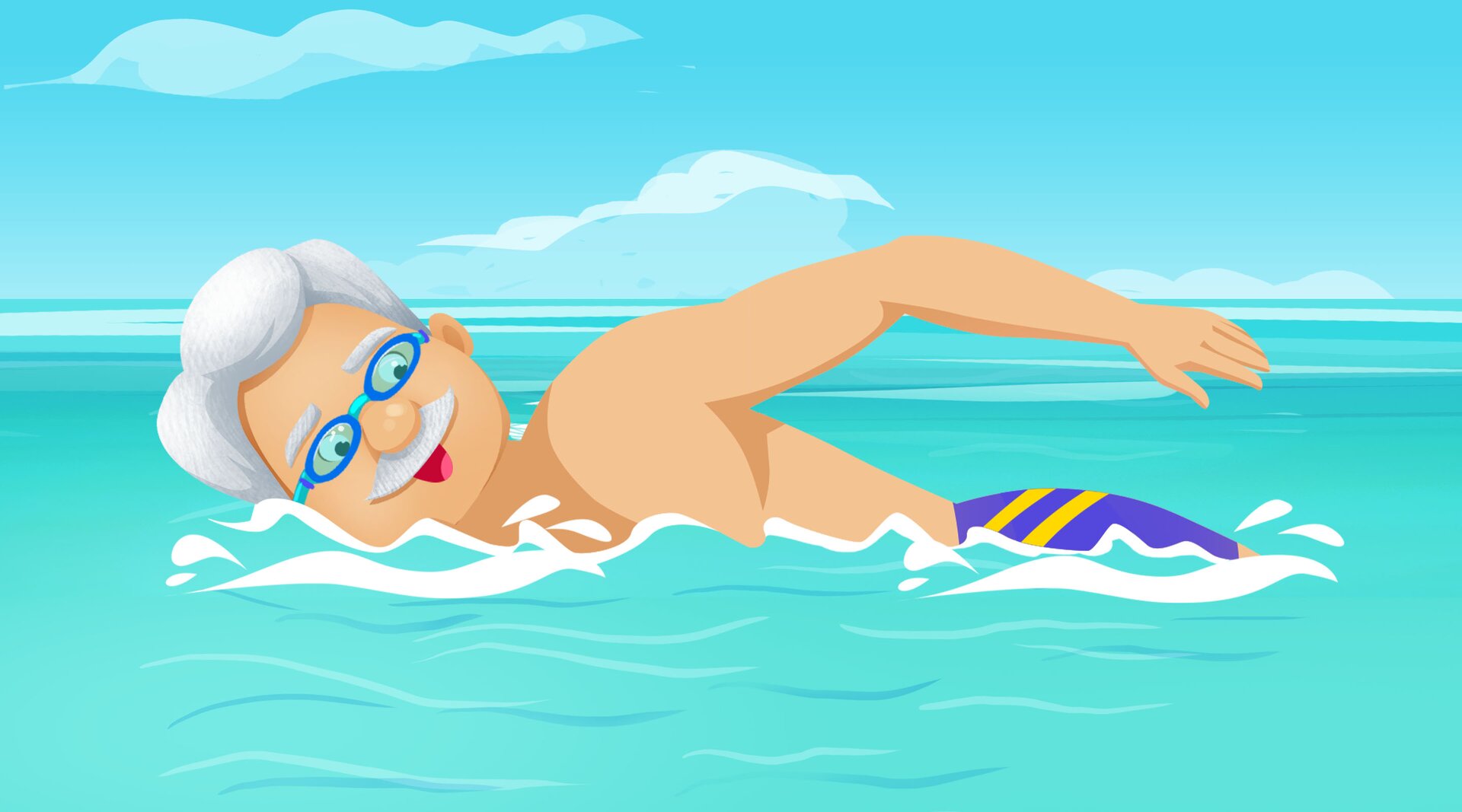 Na ilustracji znajduje się mężczyzna, który pływa.
