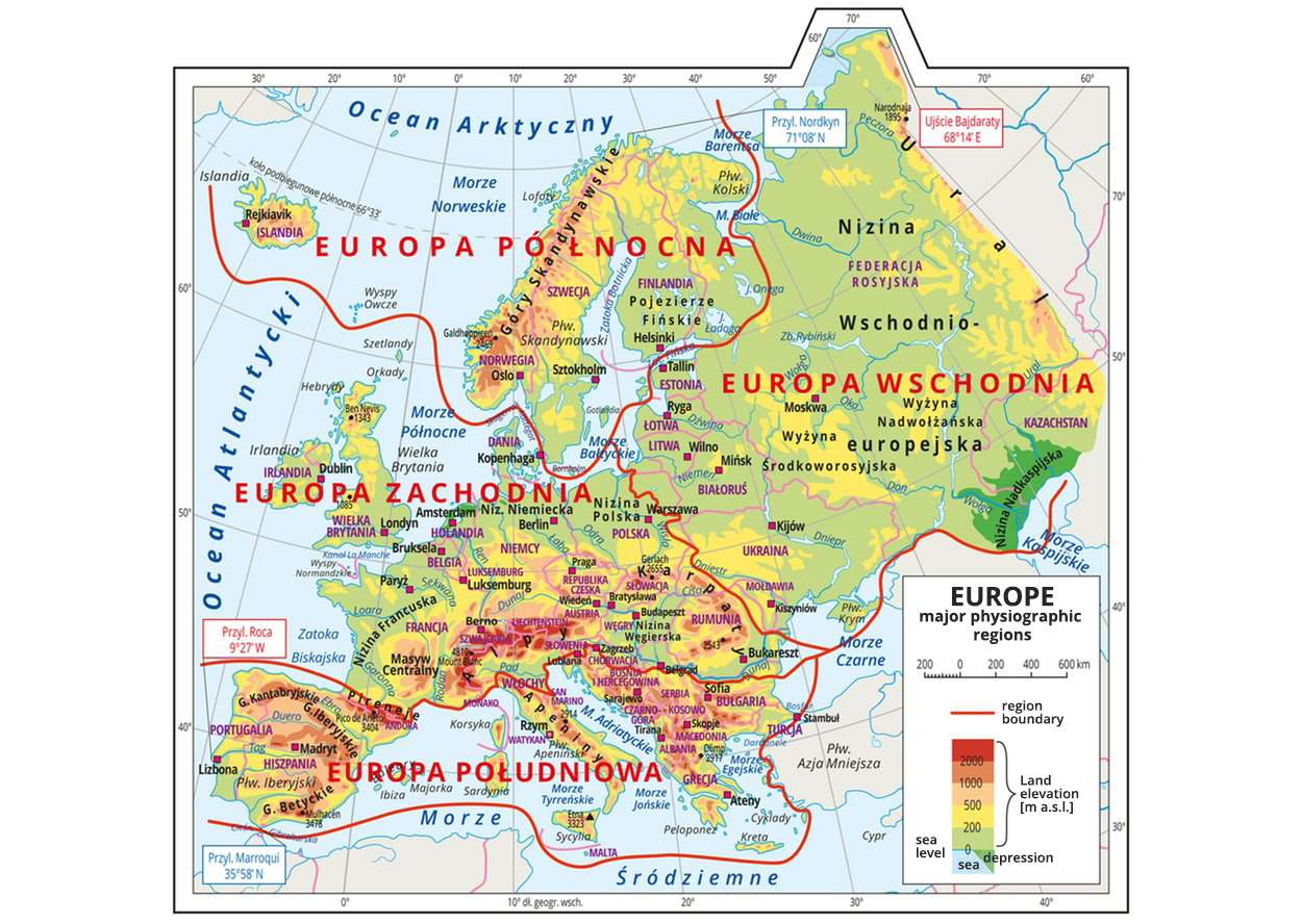 Grafika przedstawia mapę hipsometryczna Europa, EUROPE major physiographic regions region boundary Land elevation [m a.s.l.] sea level depression sea. Na mapie przedstawiono podział kontynentu na Europę Północną (Islandia, Szwecja, Norwegia i Finlandia), Europę Południową (Portugalia, Hiszpania, Włochy, państwa byłej Jugosławii, Albania i Grecja oraz część Turcji), Europę Zachodnią (od Irlandii i Wielkiej Brytanii po Rumunię) i Europę Wschodnią (Kraje Bałtyckie, Ukraina, Białoruś, Rosja).
